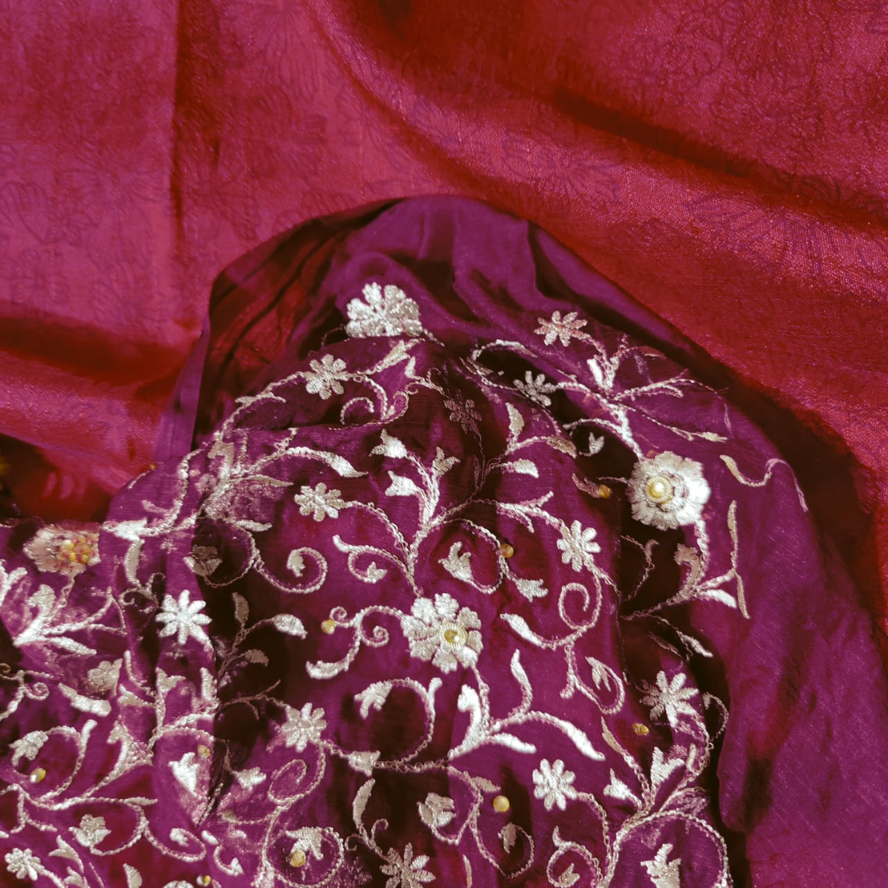 Dupiyan silk suit silky soft mehroon colour with embodry duppta - Banarsi Brides