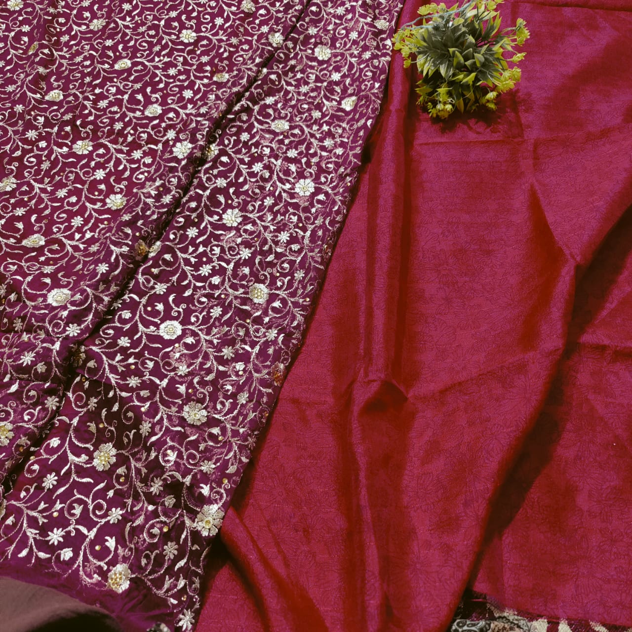 Dupiyan silk suit silky soft mehroon colour with embodry duppta - Banarsi Brides
