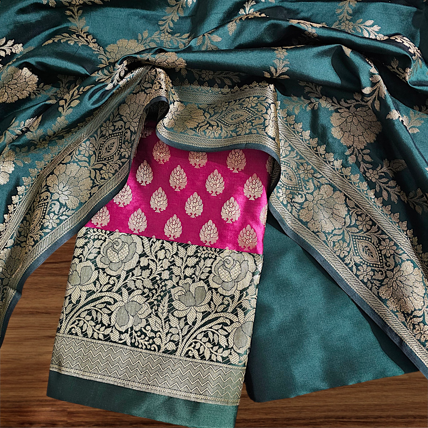Bottle Green & Rani Pink Banarsi Satin Silk Suit