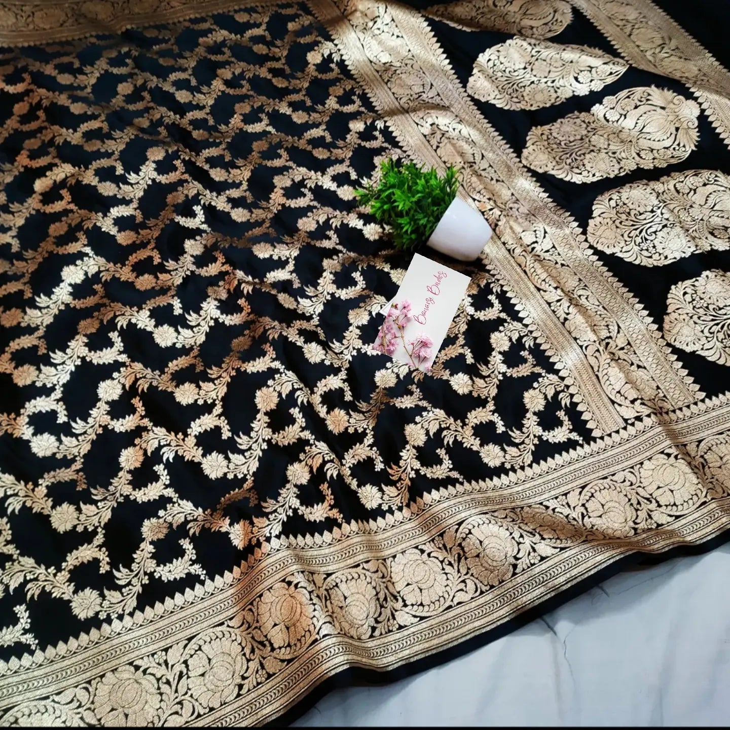 Muglai jal black katan silk saree Saree Banarsibrides