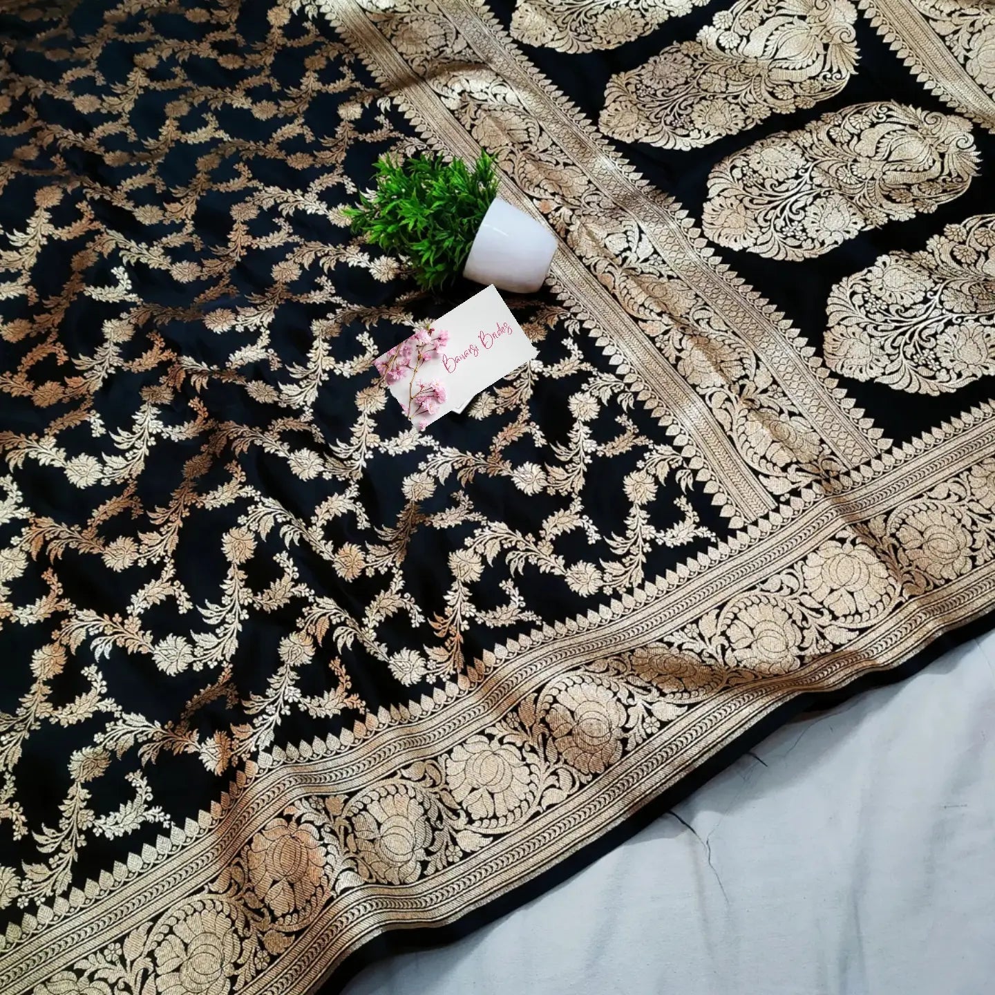 Muglai jal black katan silk saree
