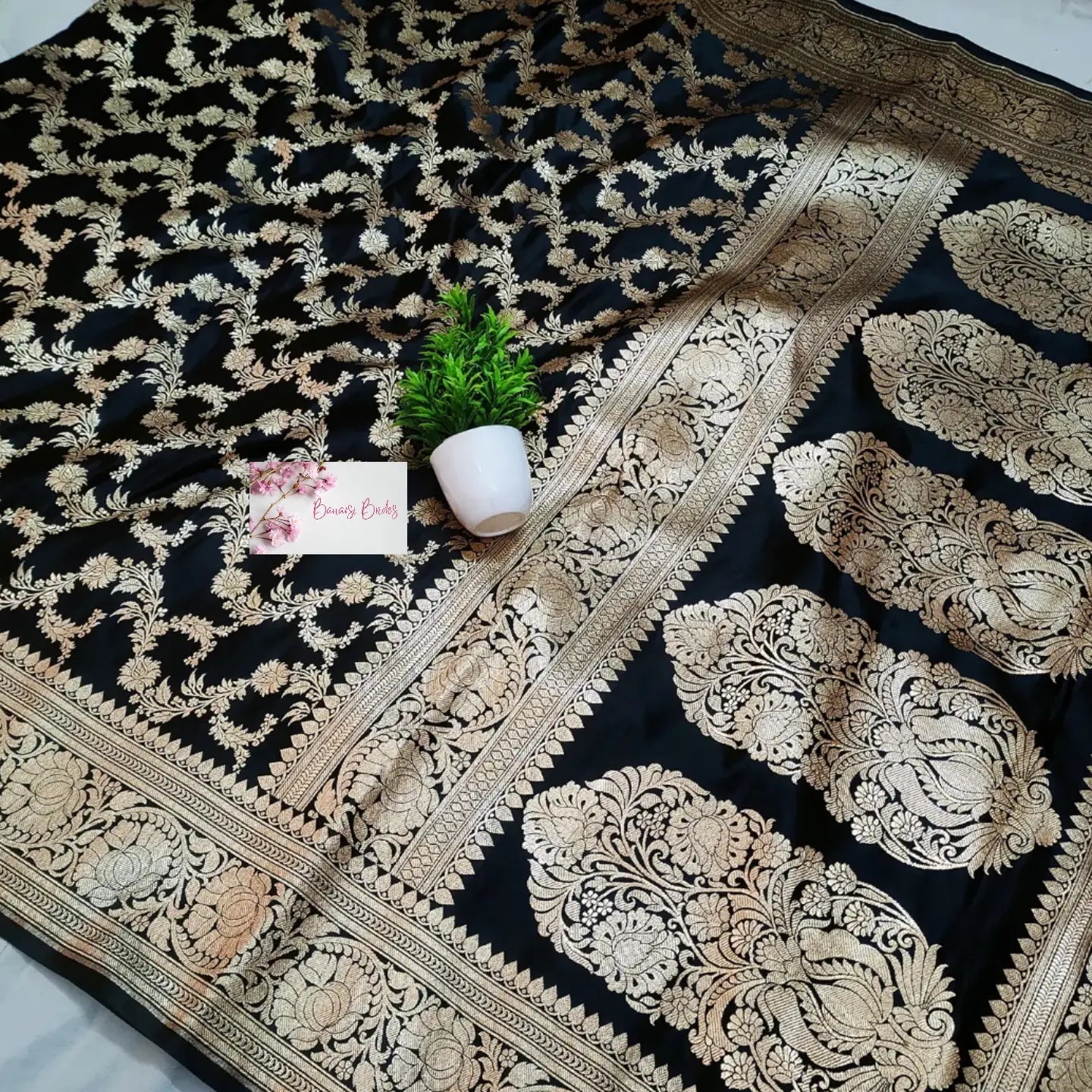 Muglai jal black katan silk saree Saree