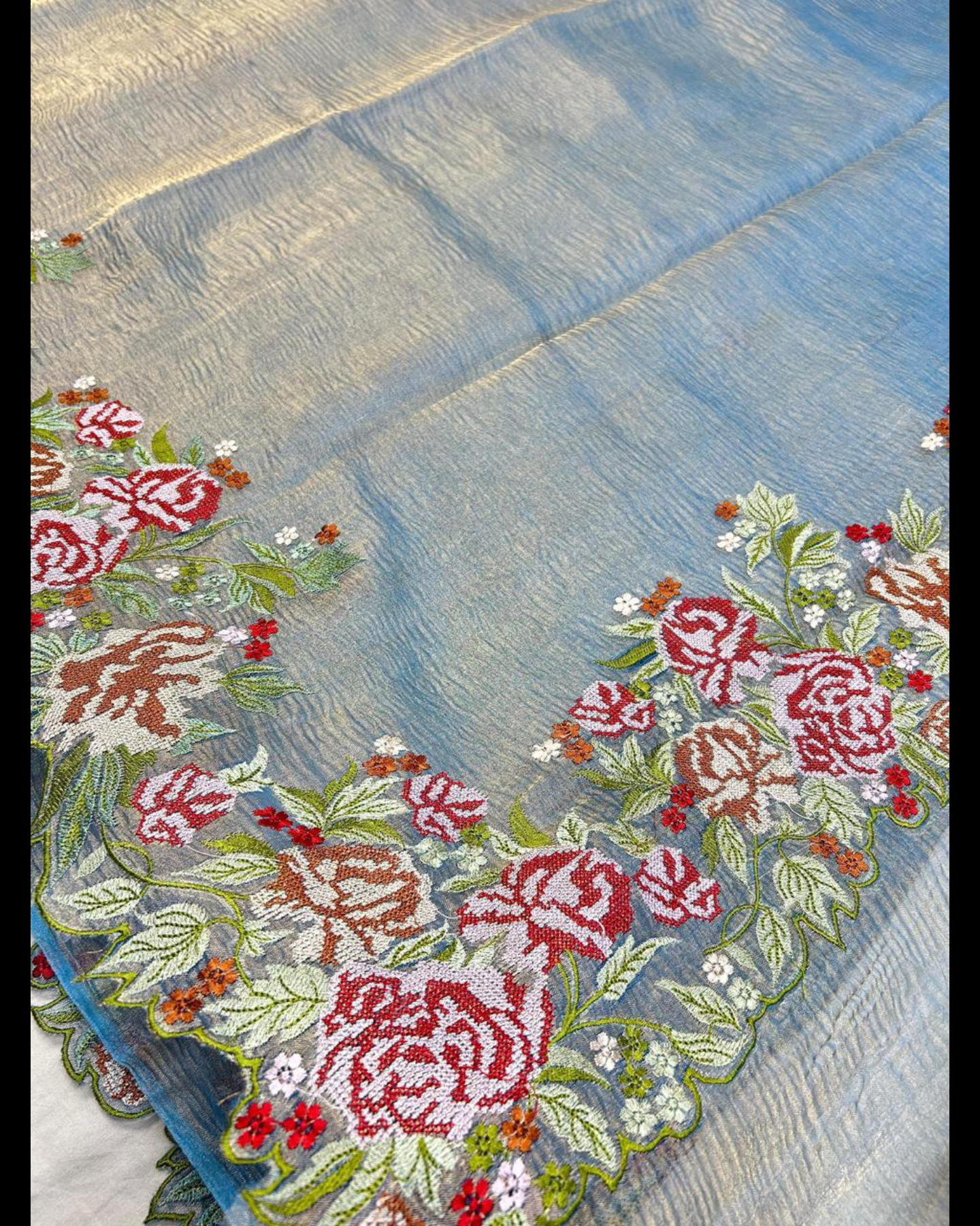 Pure tisshu crush saree with embodry work - Banarsi Brides