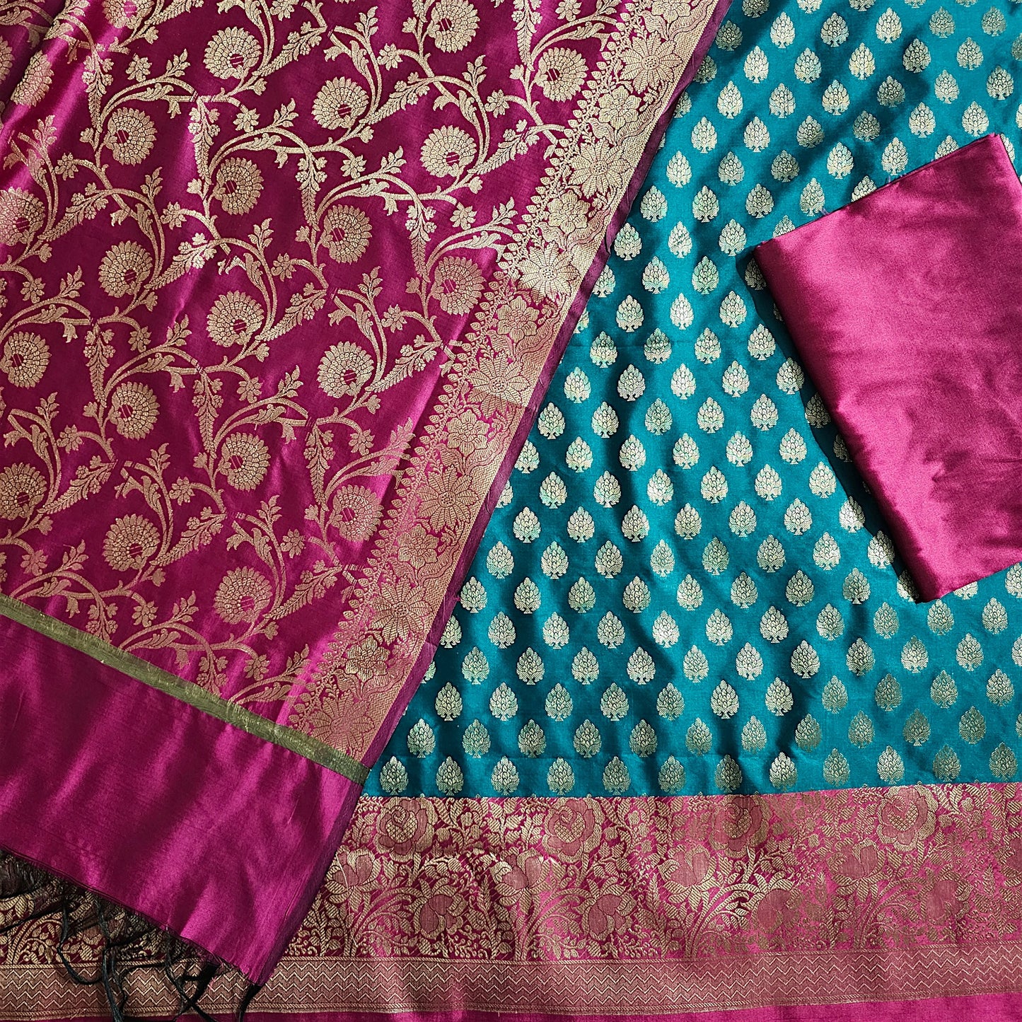 rani contrash satin Banarasi Silk Suit