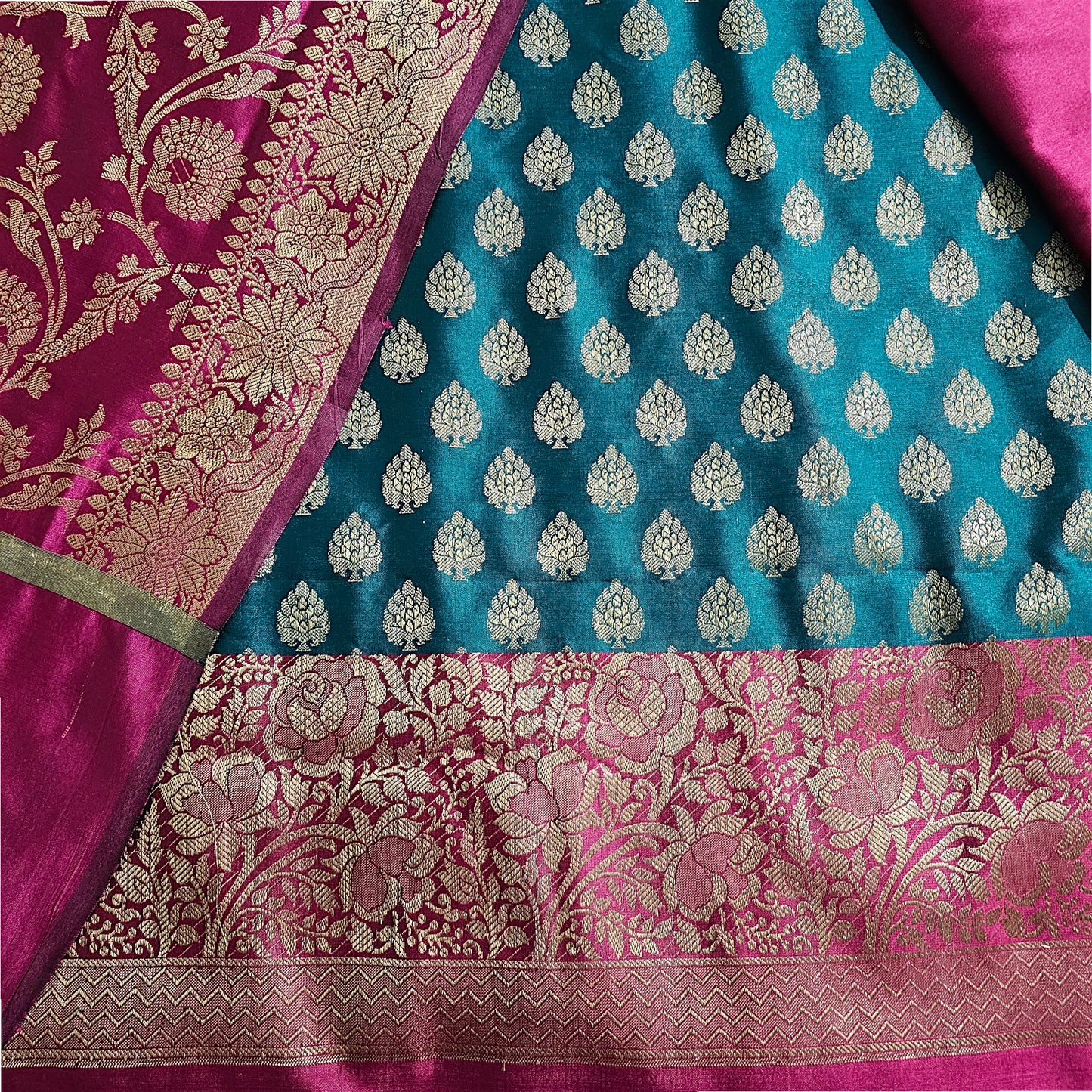 rani contrash satin Banarasi Silk Suit