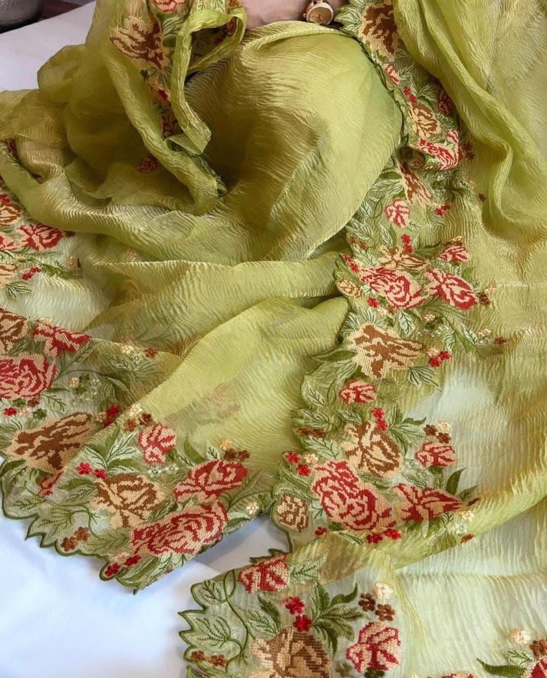 Tisshu crush saree with embroidery work - Banarsi Brides