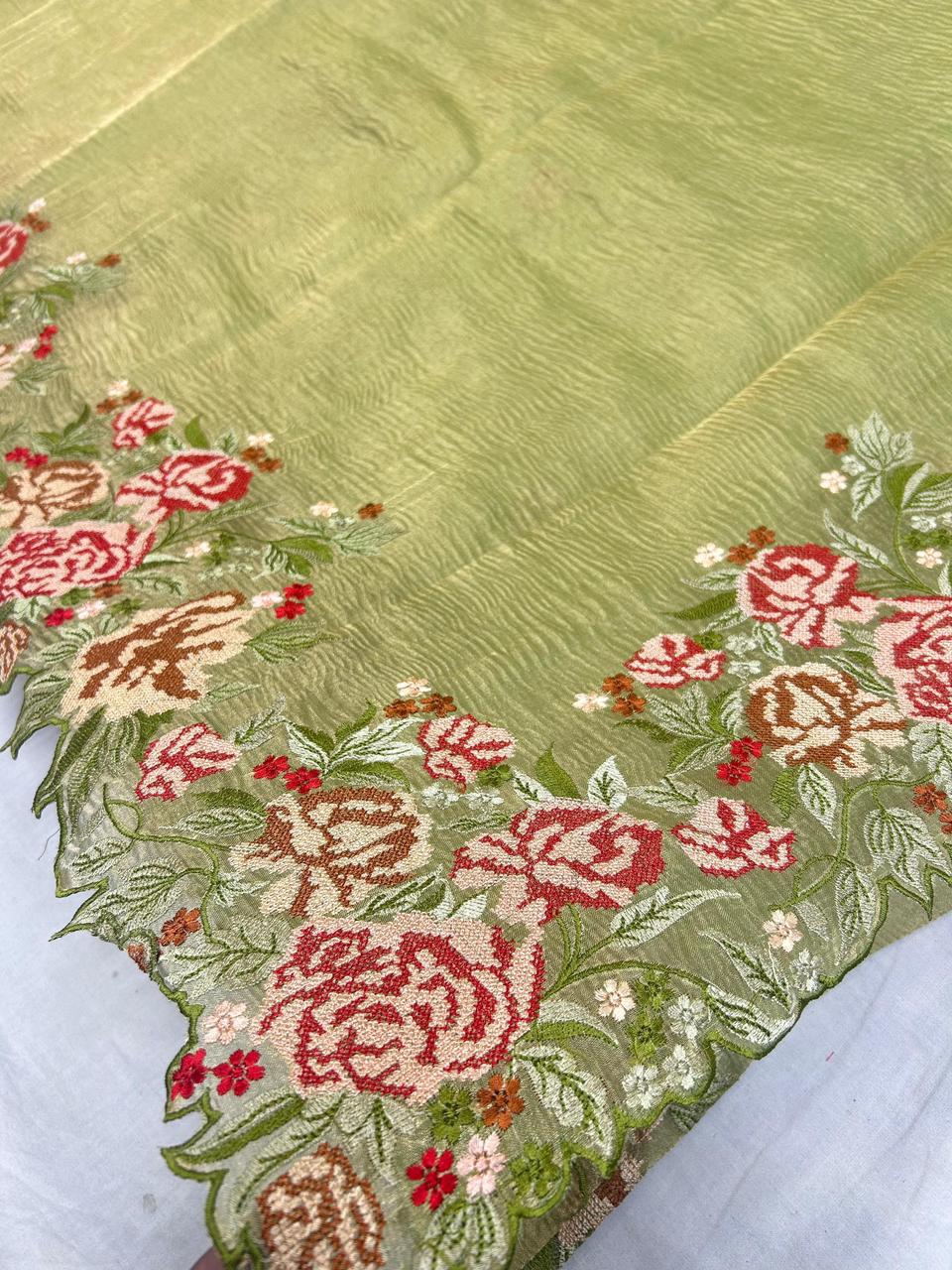 Tisshu crush saree with embroidery work - Banarsi Brides