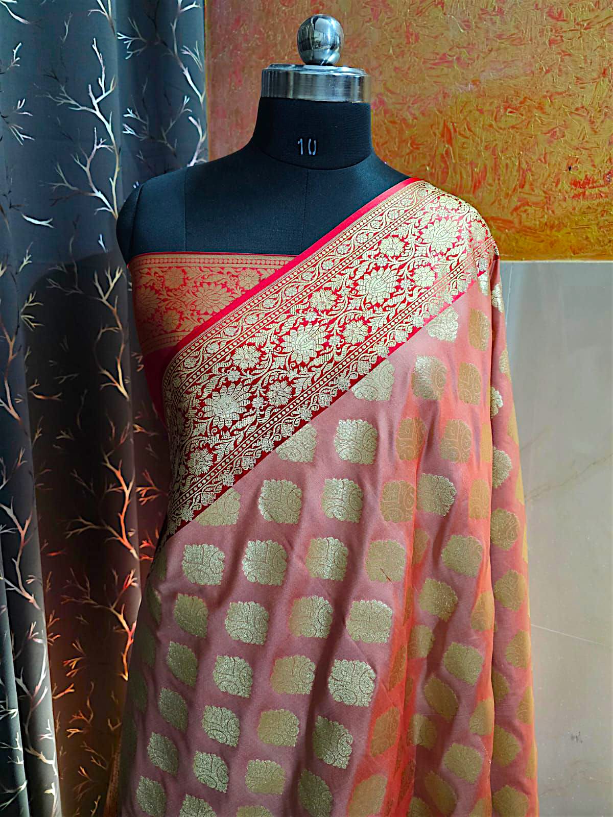 onion red banarsi katan silk saree