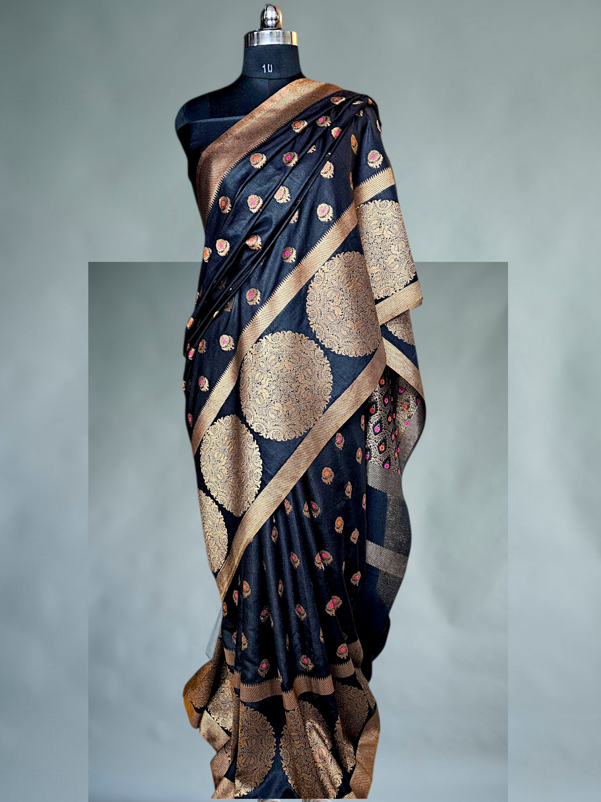 Black Banarsi Silk Saree With Meena 