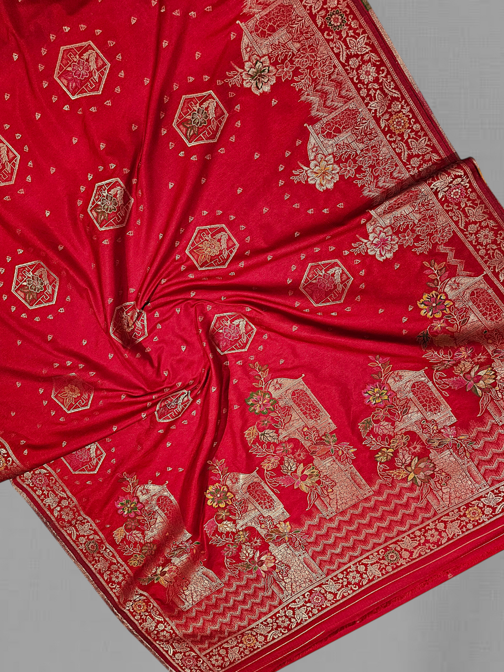 Red Banarasi Dola SILK saree Pinjur Jaal