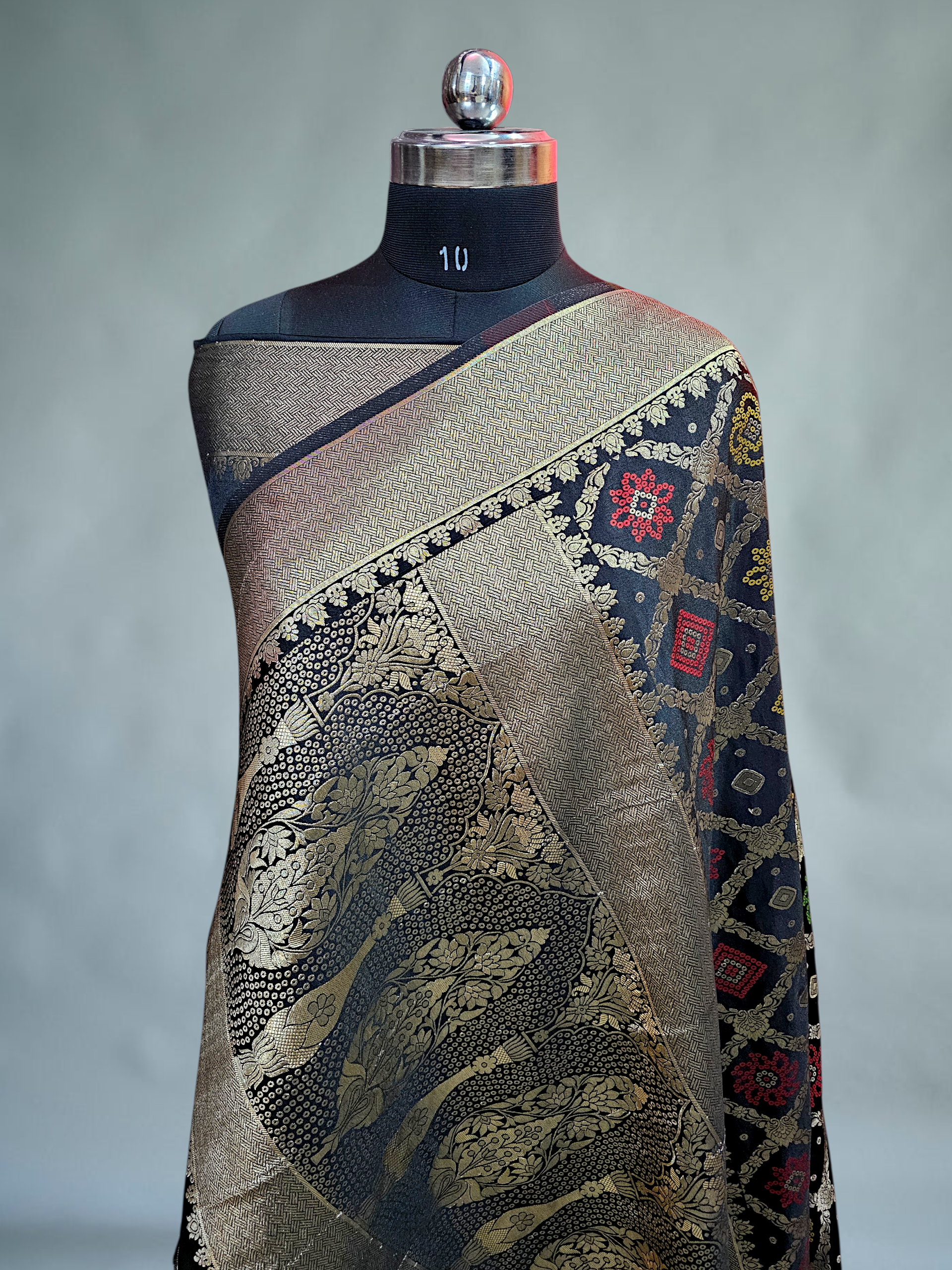 Black Bundhej Satin Silk Saree 