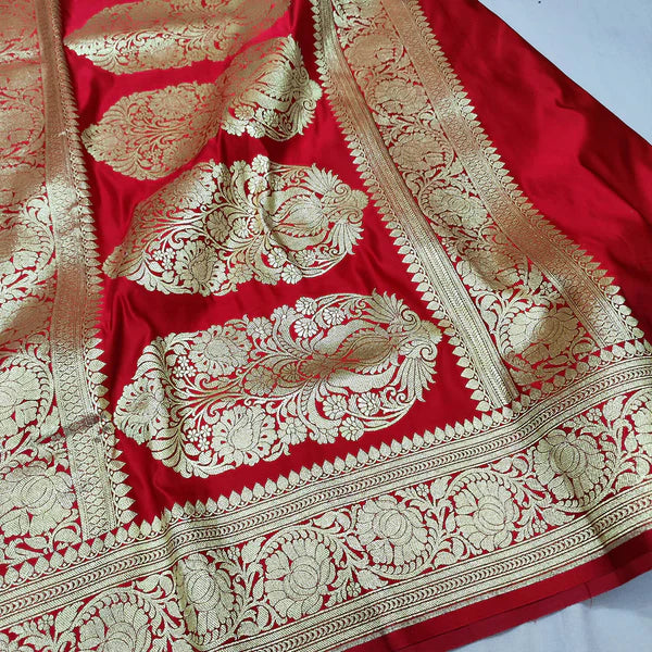 Red Golden Zari Katan Silk Banarasi Saree muglai jaal 