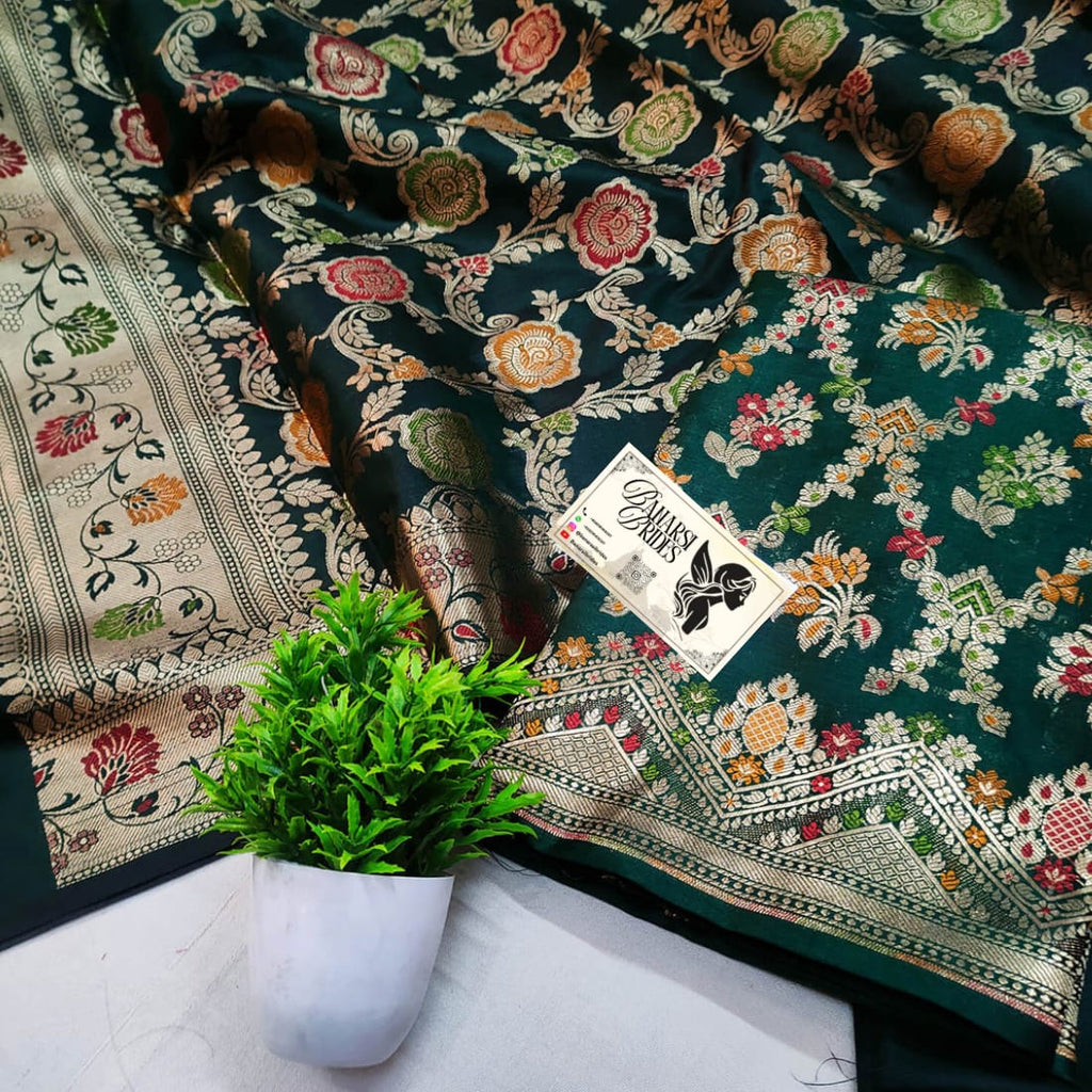 Bottle Green Meenakari Katan Silk Banarasi Suit