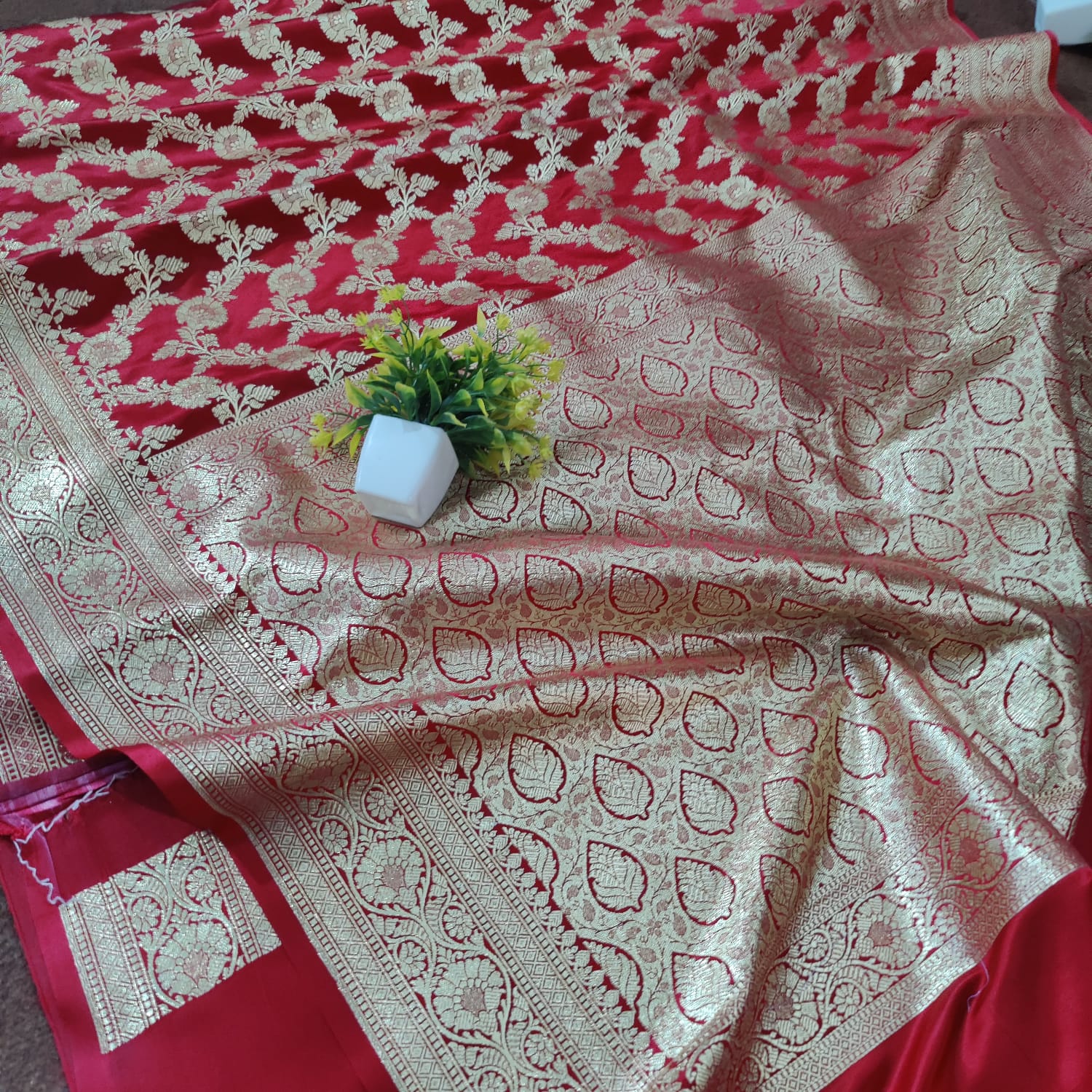 Katan silk saree blood red colour Banarsi Brides
