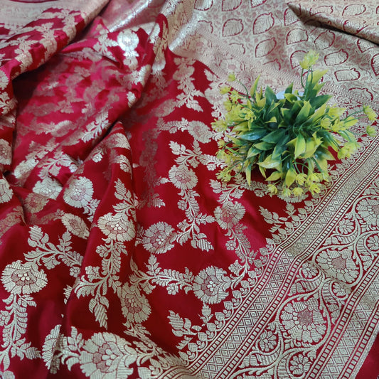 Katan silk saree blood red colour Banarsi Brides