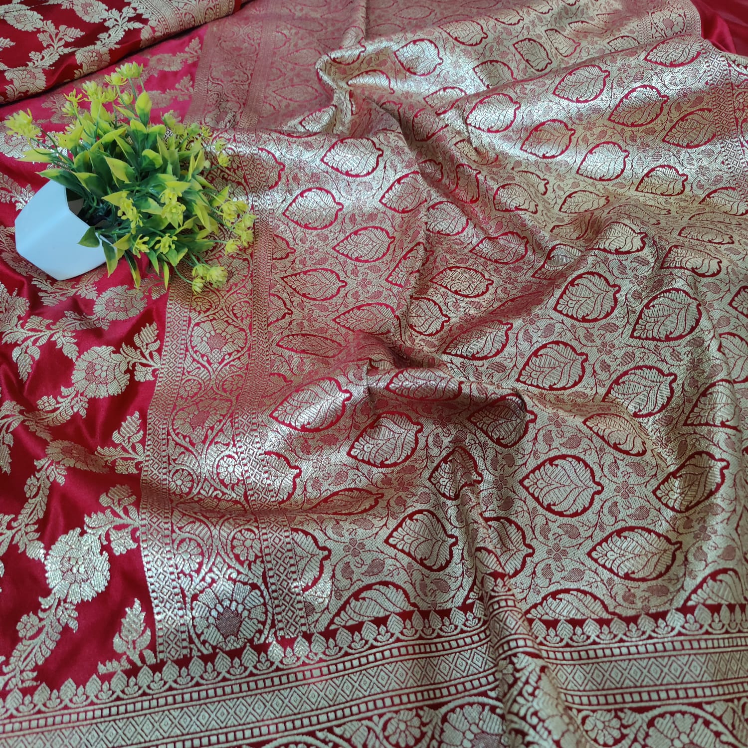 Katan silk saree blood red colour Banarsi Brides