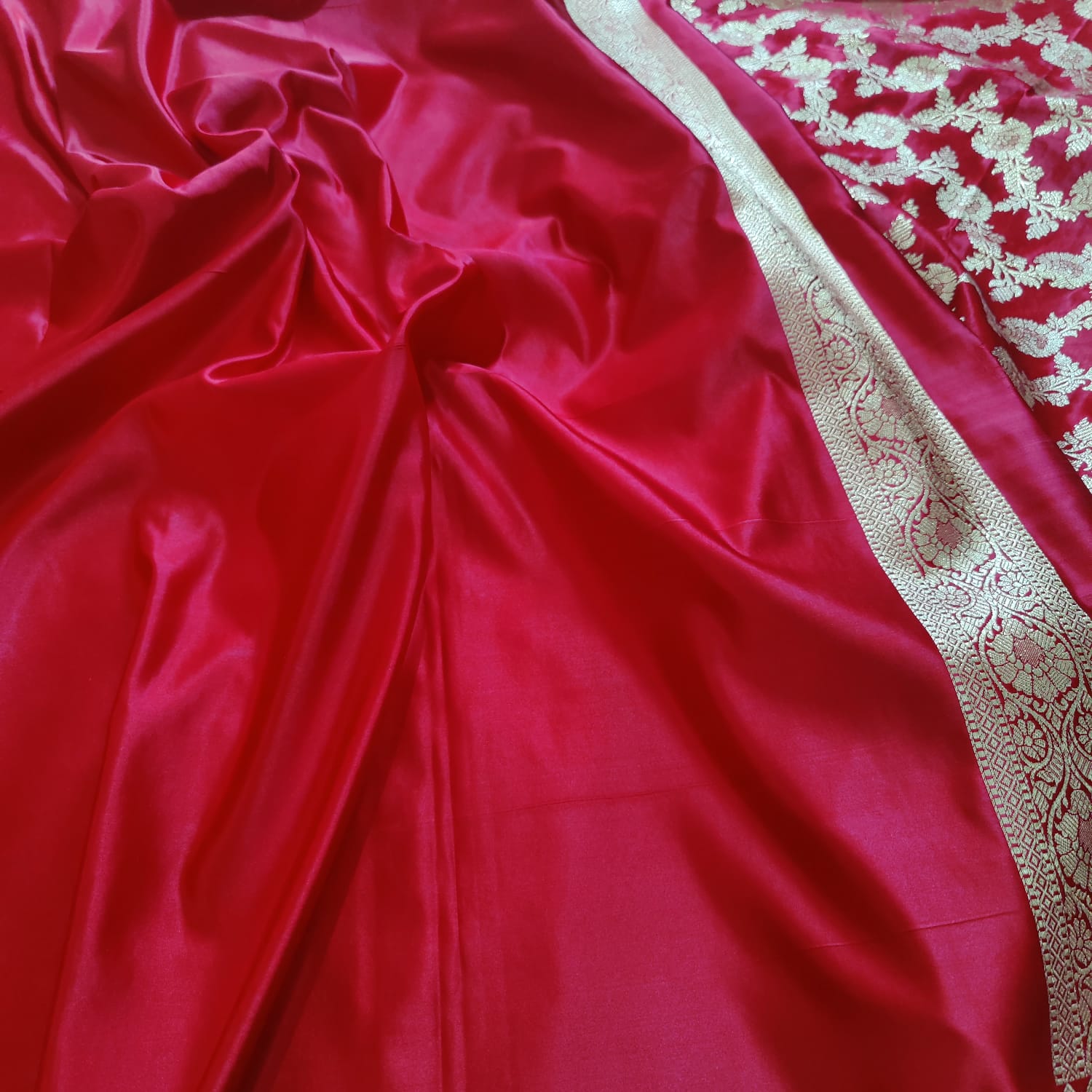 Katan silk saree blood red colour Banarsi Brides