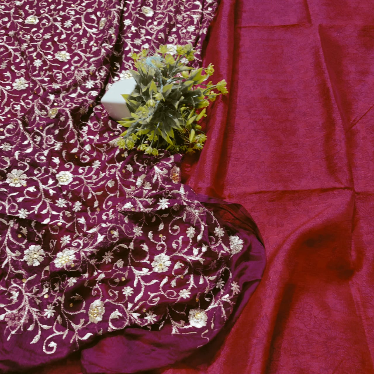 Dupiyan silk suit silky soft mehroon colour with embodry duppta - Banarsi Brides
