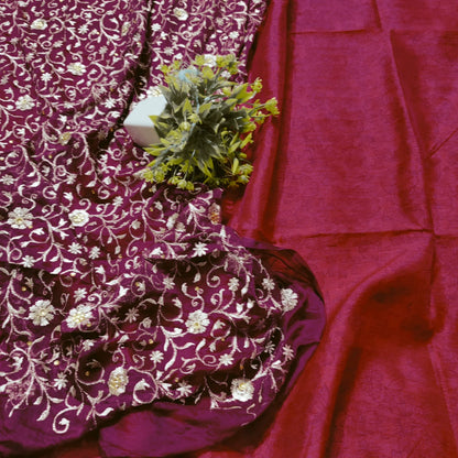 Dupiyan silk suit silky soft mehroon colour with embodry duppta - Banarsi Brides