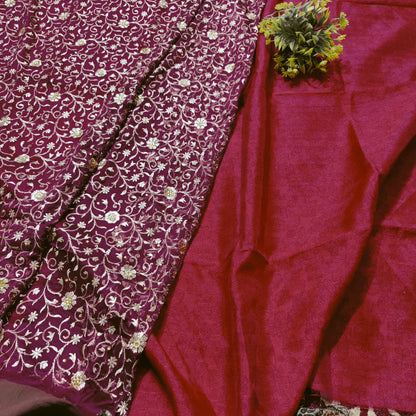Dupiyan silk suit silky soft mehroon colour with embodry duppta - Banarsi Brides