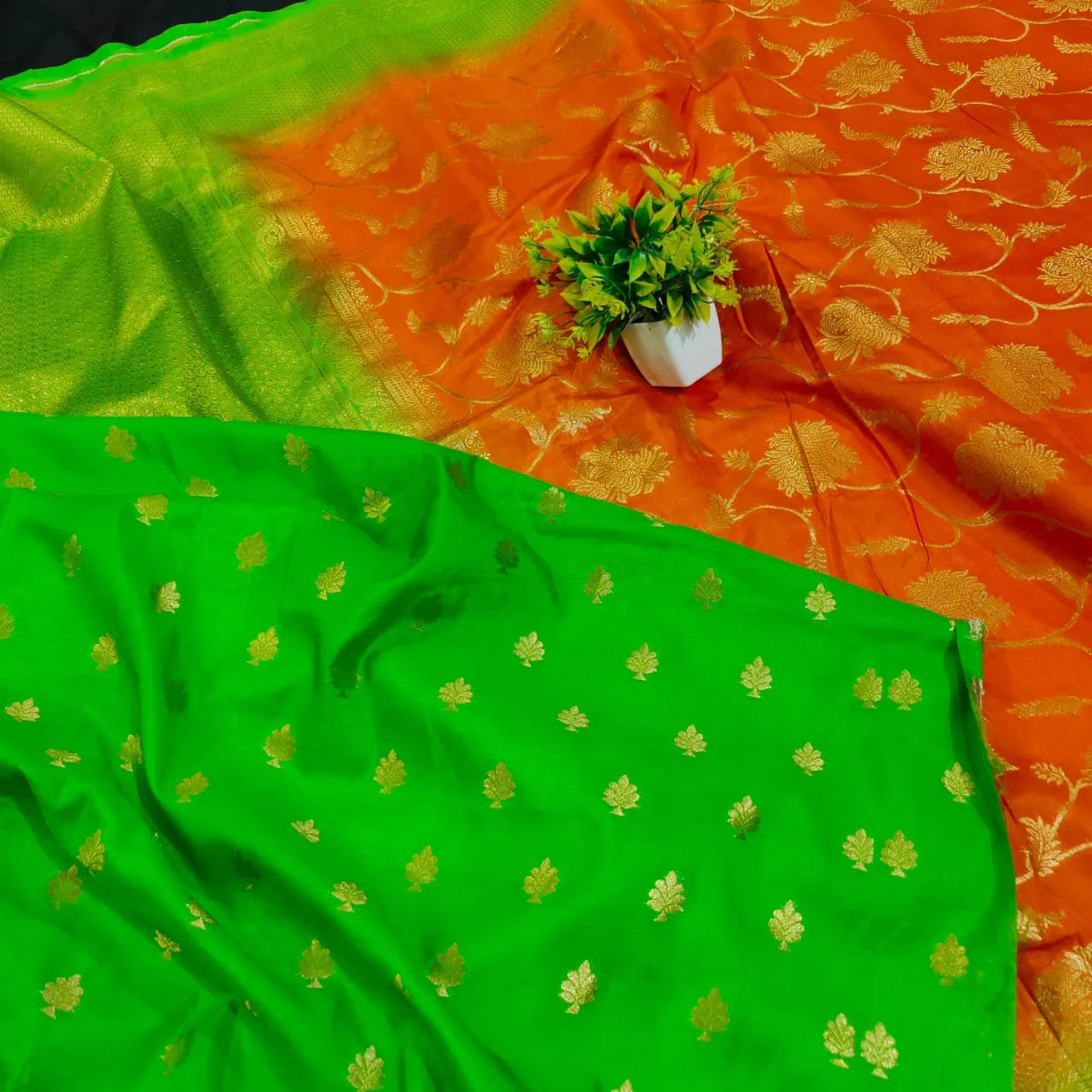 Dupiyan silk cuntras saree orenge  green - Banarsi Brides