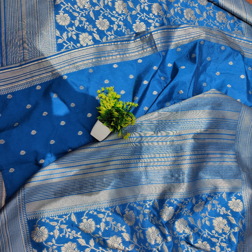 Banarsi dupiyan silk blue saree - Banarsi Brides