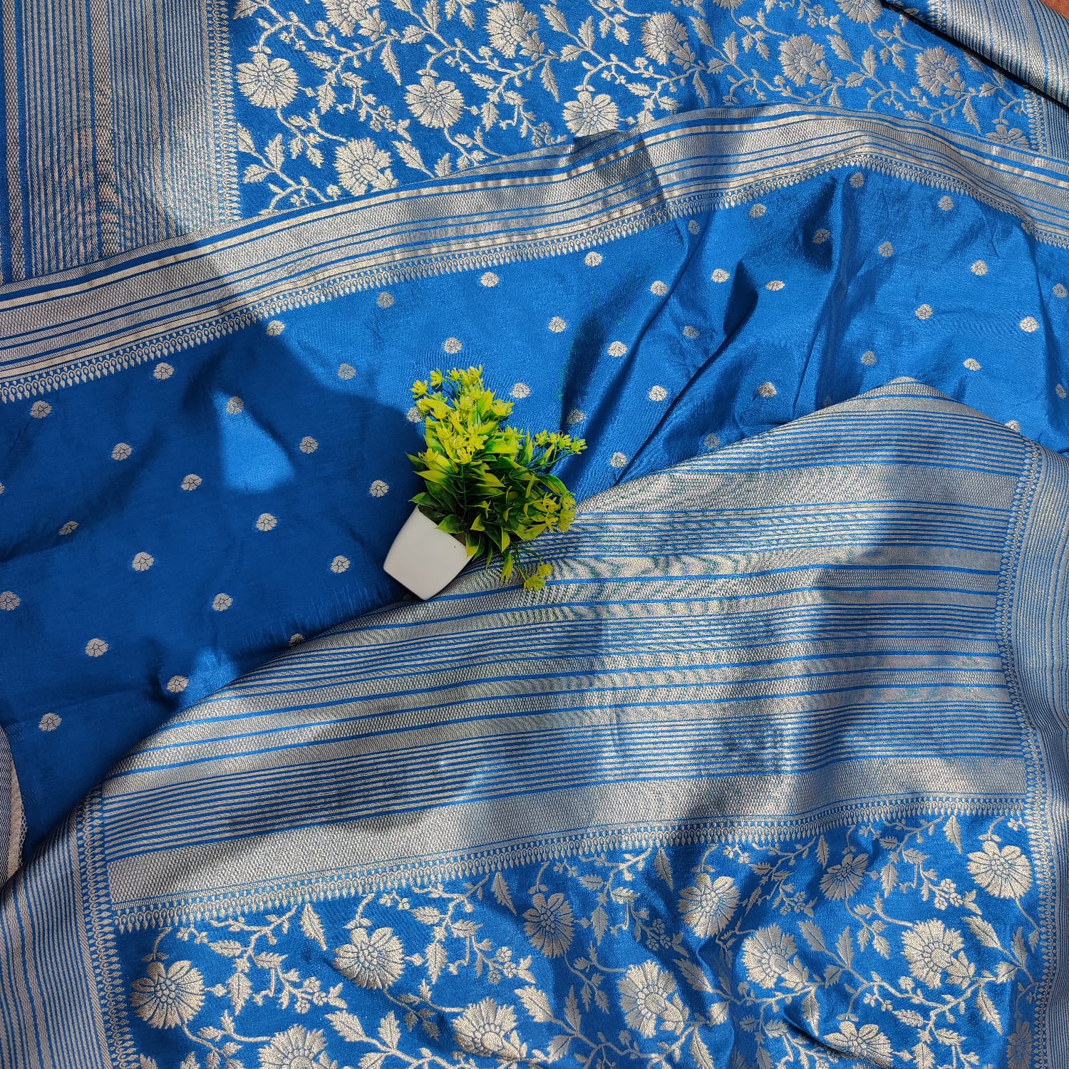 Banarsi dupiyan silk blue saree - Banarsi Brides