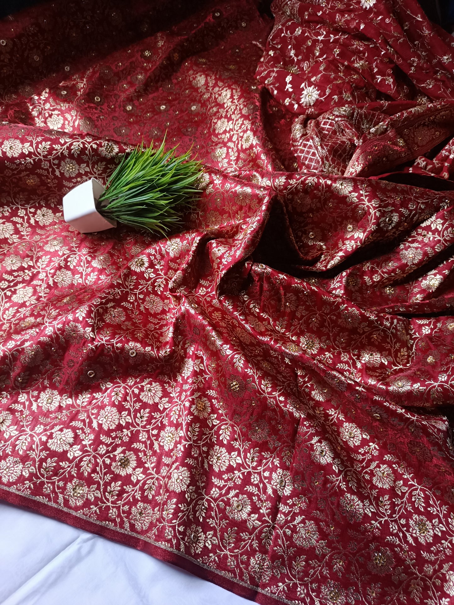 "Maroon Golden Zari Kimkhab Silk bridal garara unstich material  ..."