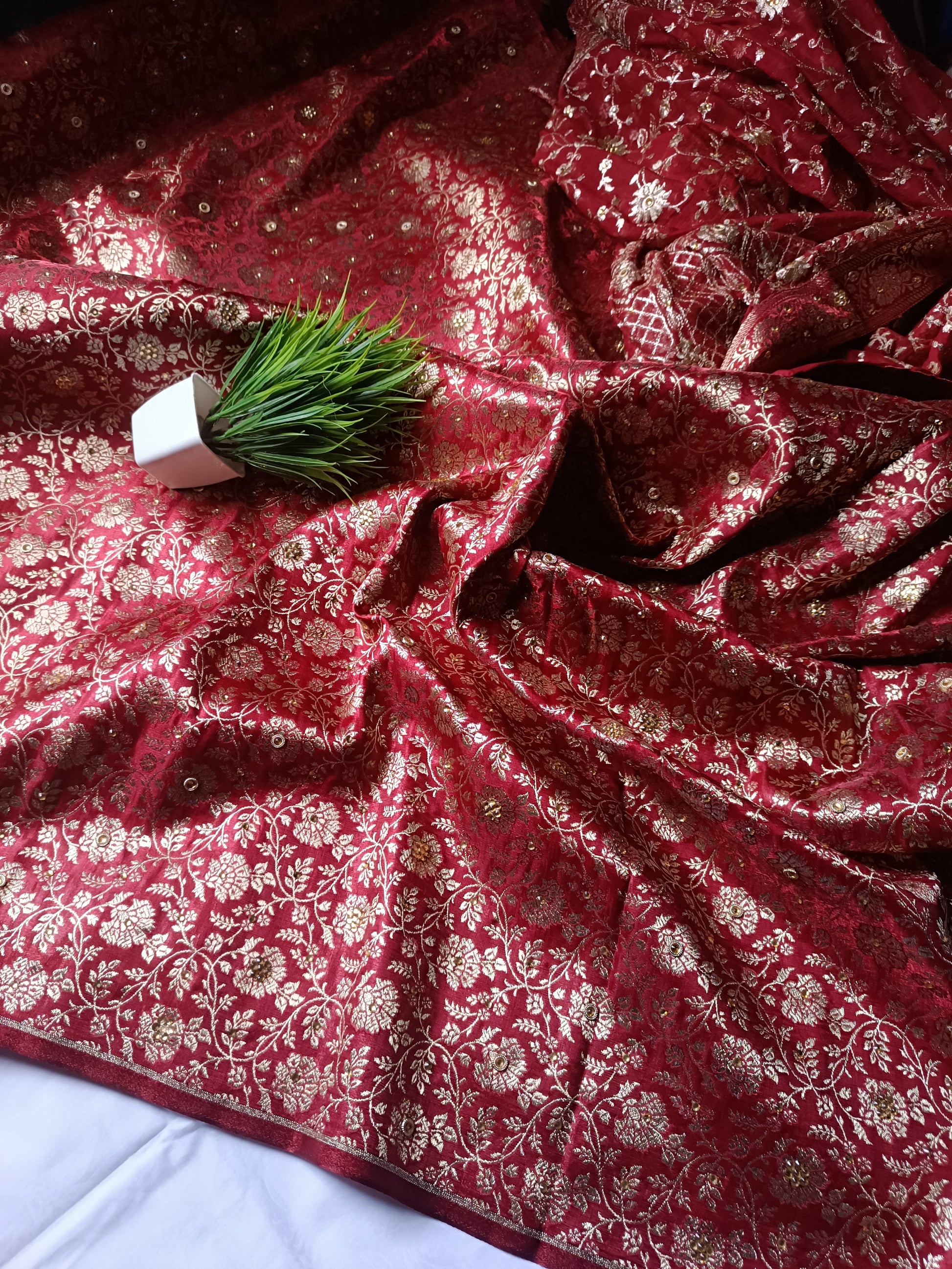 "Maroon Golden Zari Kimkhab Silk bridal garara unstich material  ..."