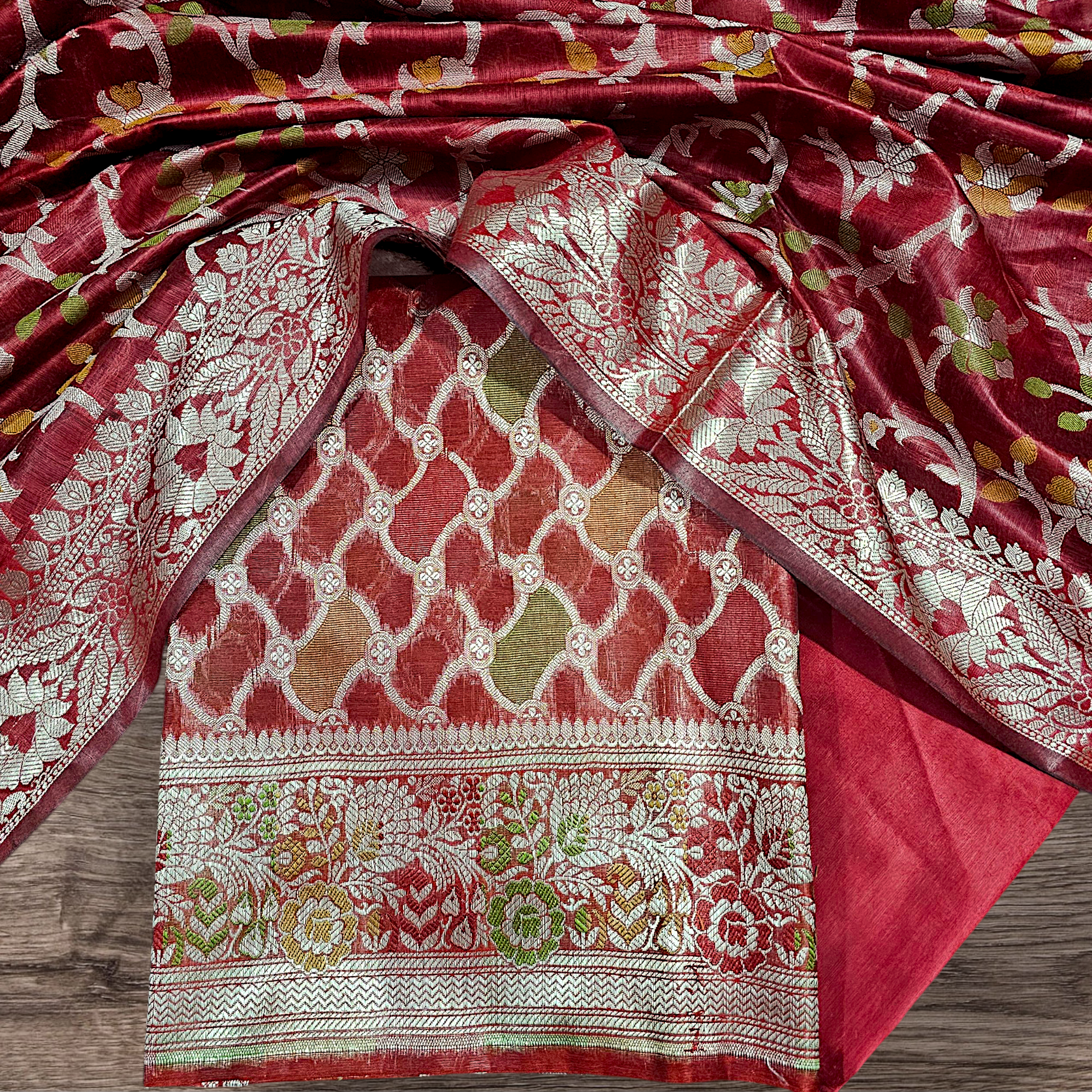 "Multi Meenakari Banarasi Silk Suit with Elegant Zari Work, Unstitched Salwar Kameez Set with Matching Bottom and Dupatta for Party, Wedding, and Festive Occasions"