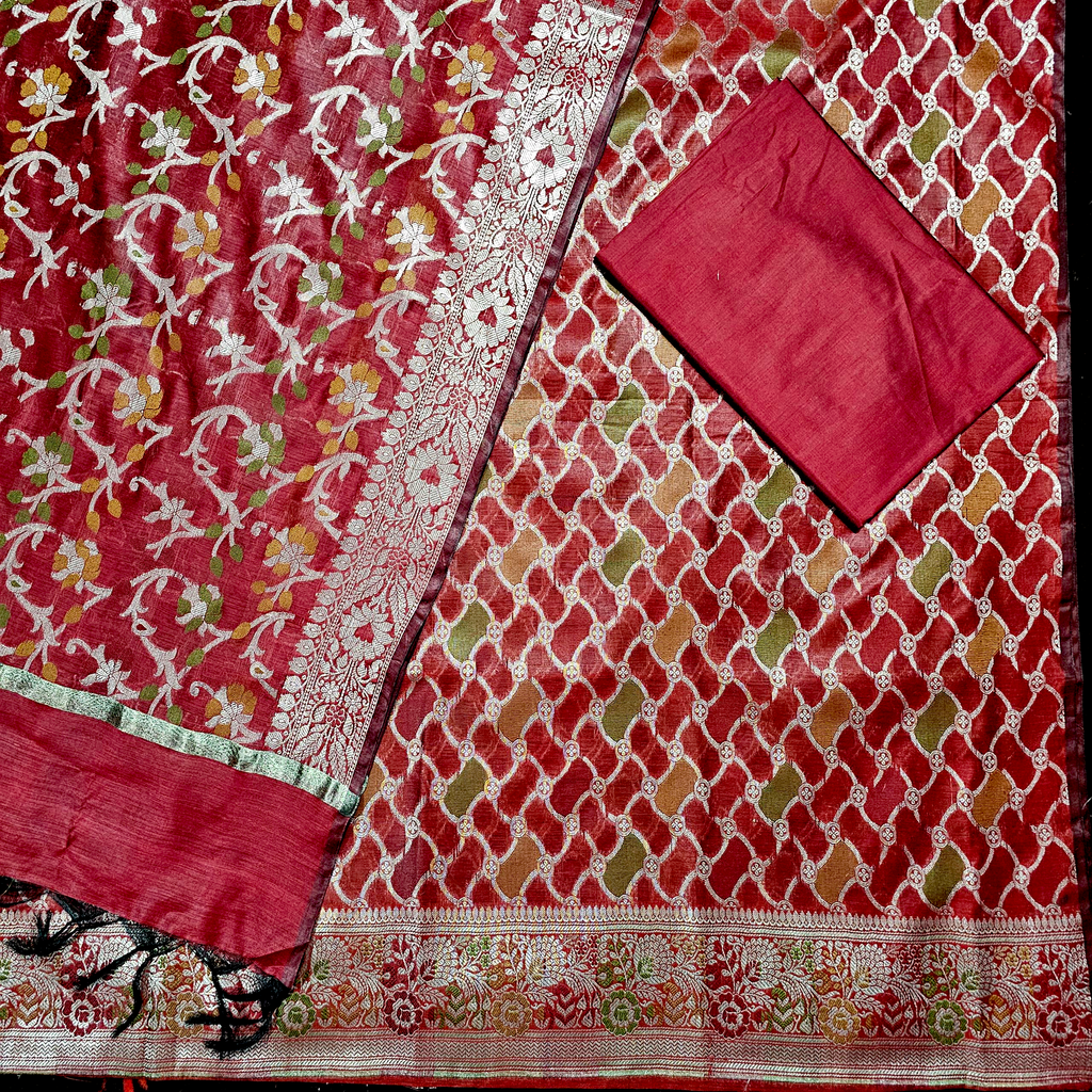 "Mehroon Banarasi Silk Suit with Zari Work, Unstitched Salwar Kameez Set with Matching Bottom and Dupatta for Wedding and Festive Wear"