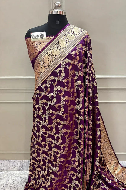 “Mughalai Jaal Purple Katan Silk Banarasi Saree with intricate Jaal design for weddings and special occasions”