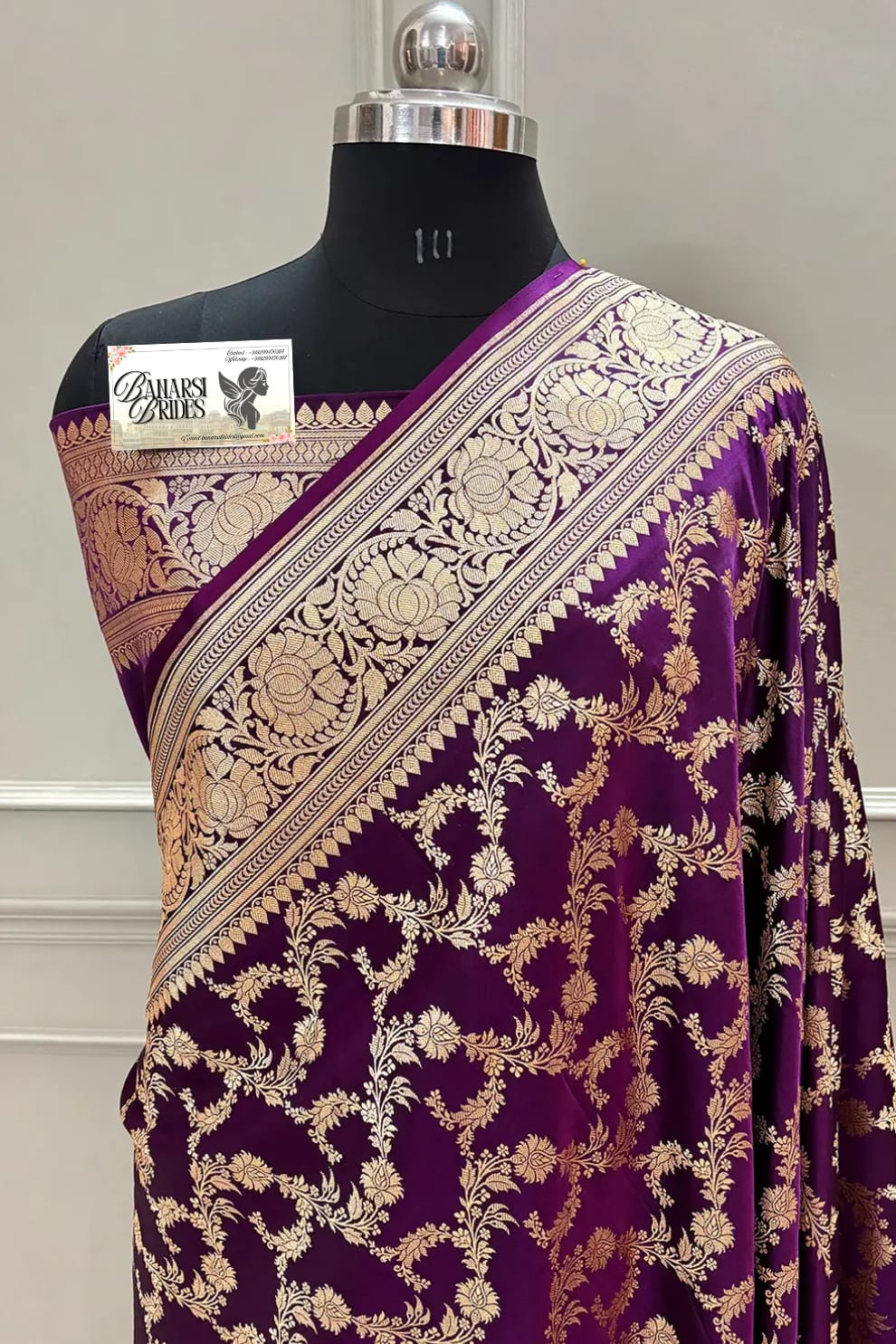“Mughalai Jaal Purple Katan Silk Banarasi Saree with intricate Jaal design for weddings and special occasions”
