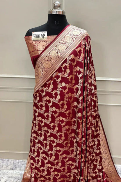 “Katan silk mehroon heavy jaal Banarasi saree for weddings and special occasions”