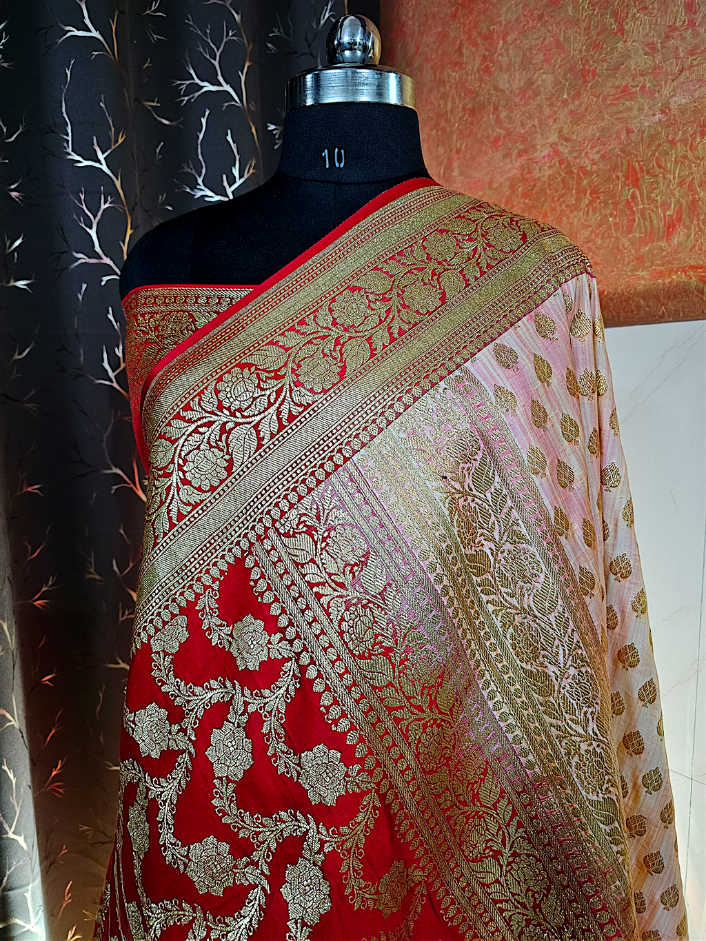 Red & Off White Patli Katan Silk Saree