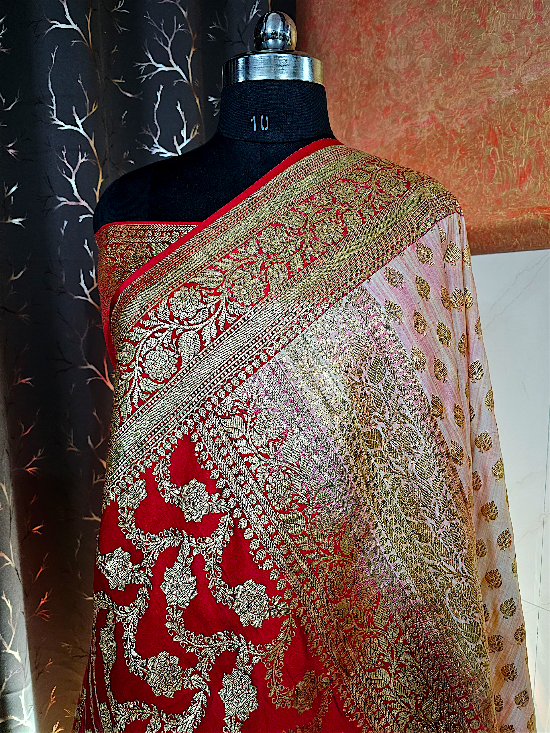Red & Off White Patli Katan Silk Saree
