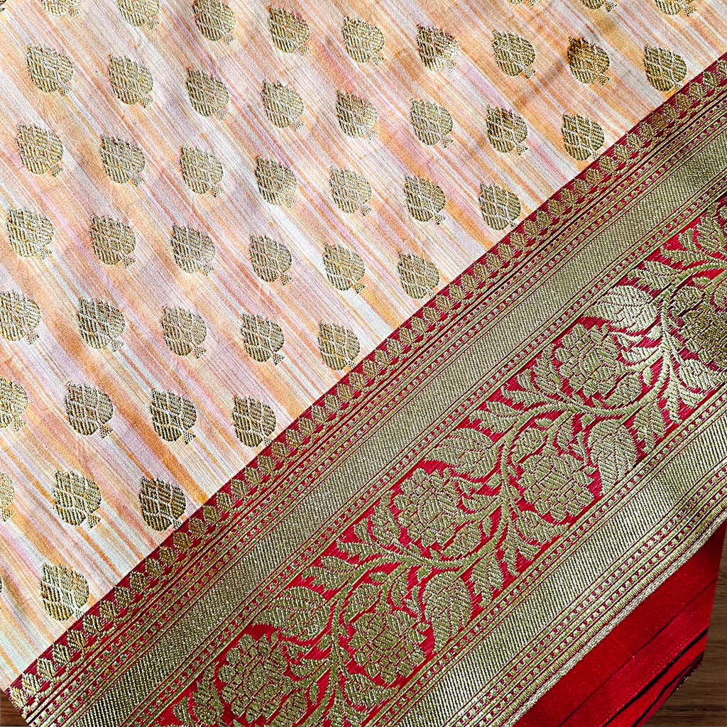 Red & Off White Patli Katan Silk Saree