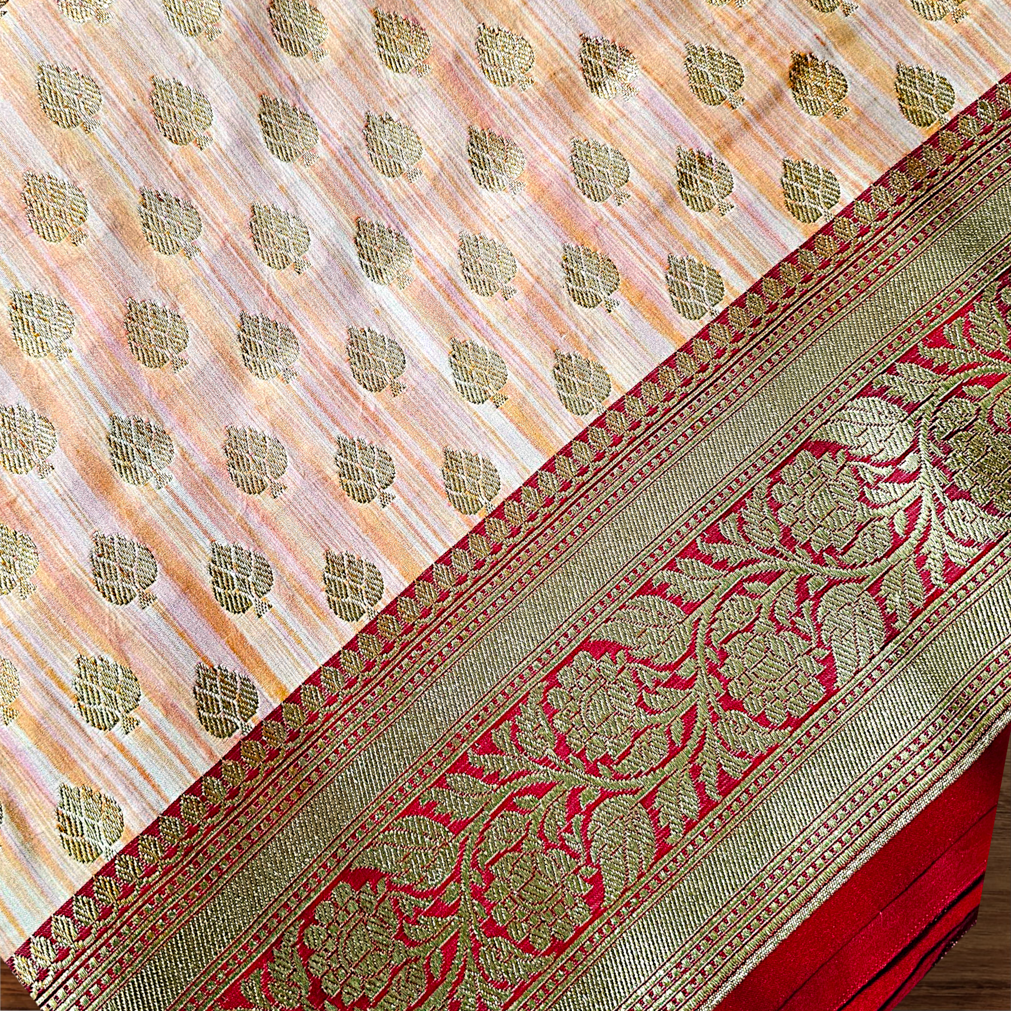 Red & Off White Patli Katan Silk Saree