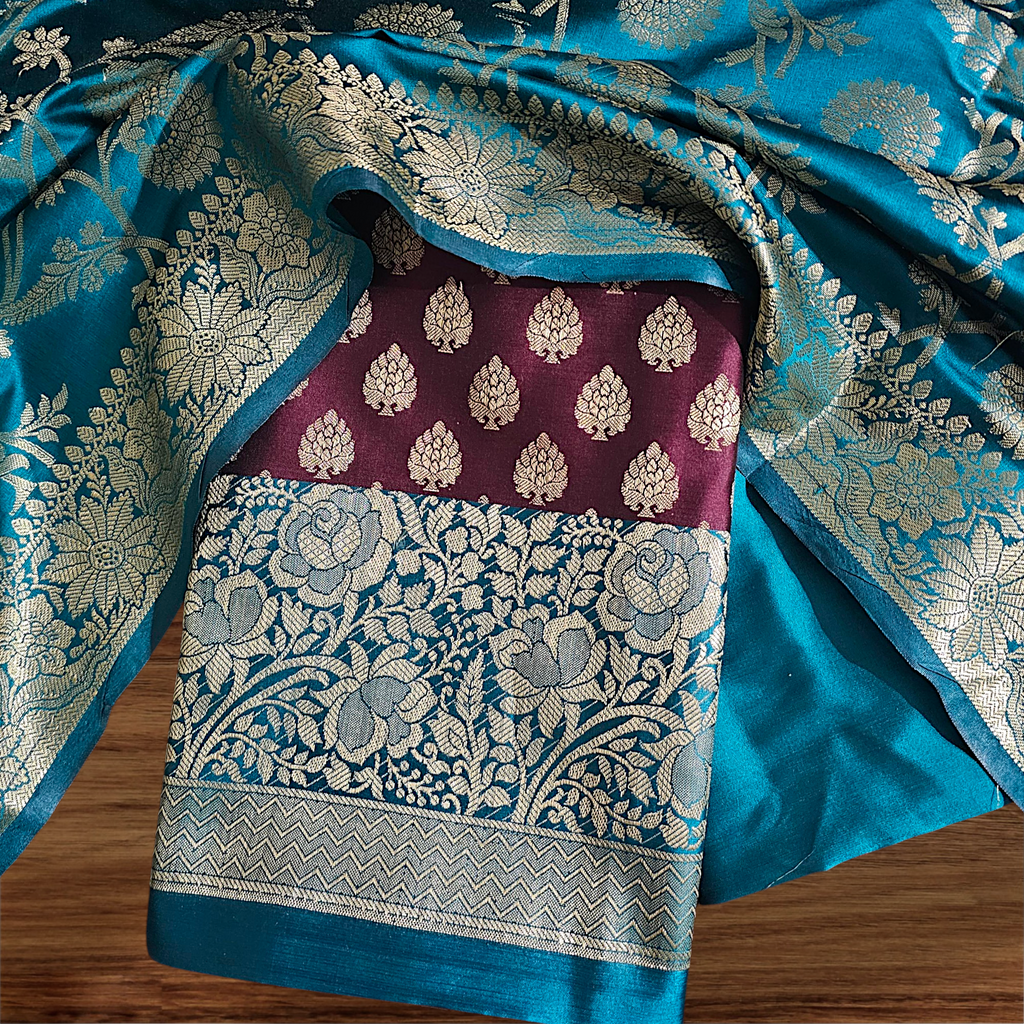 "Elegant Satin Silk Suit with Banarasi weaving for women"