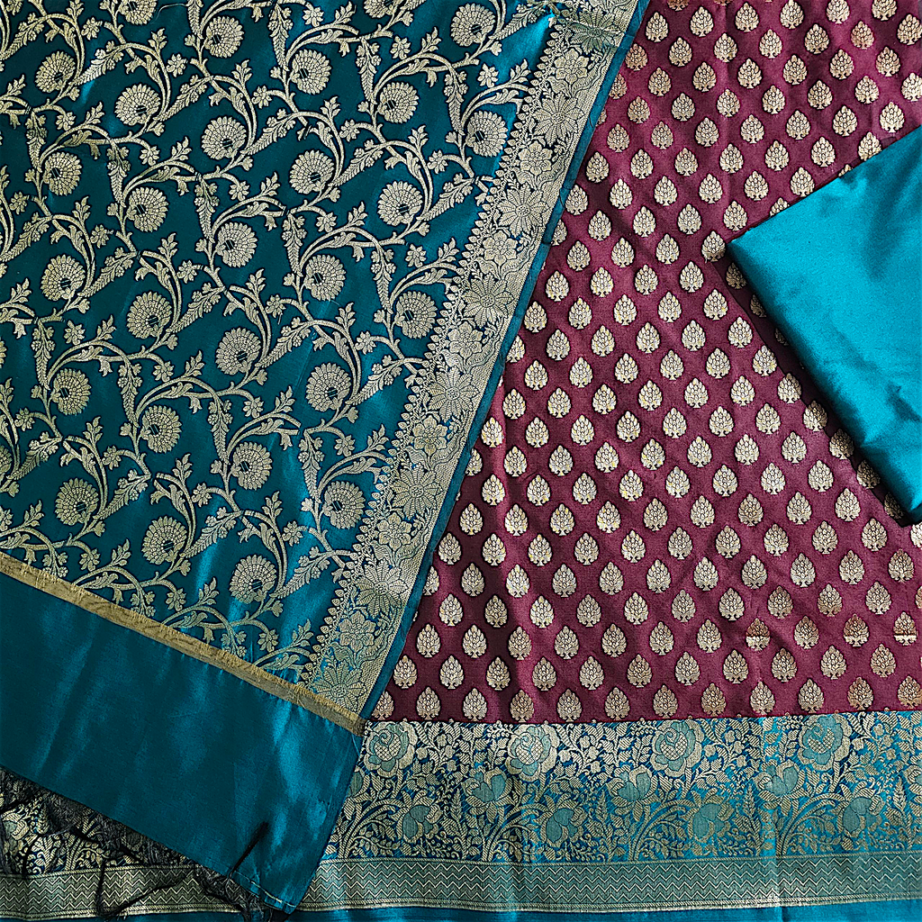 "Elegant Satin Silk Suit with Banarasi weaving for women"