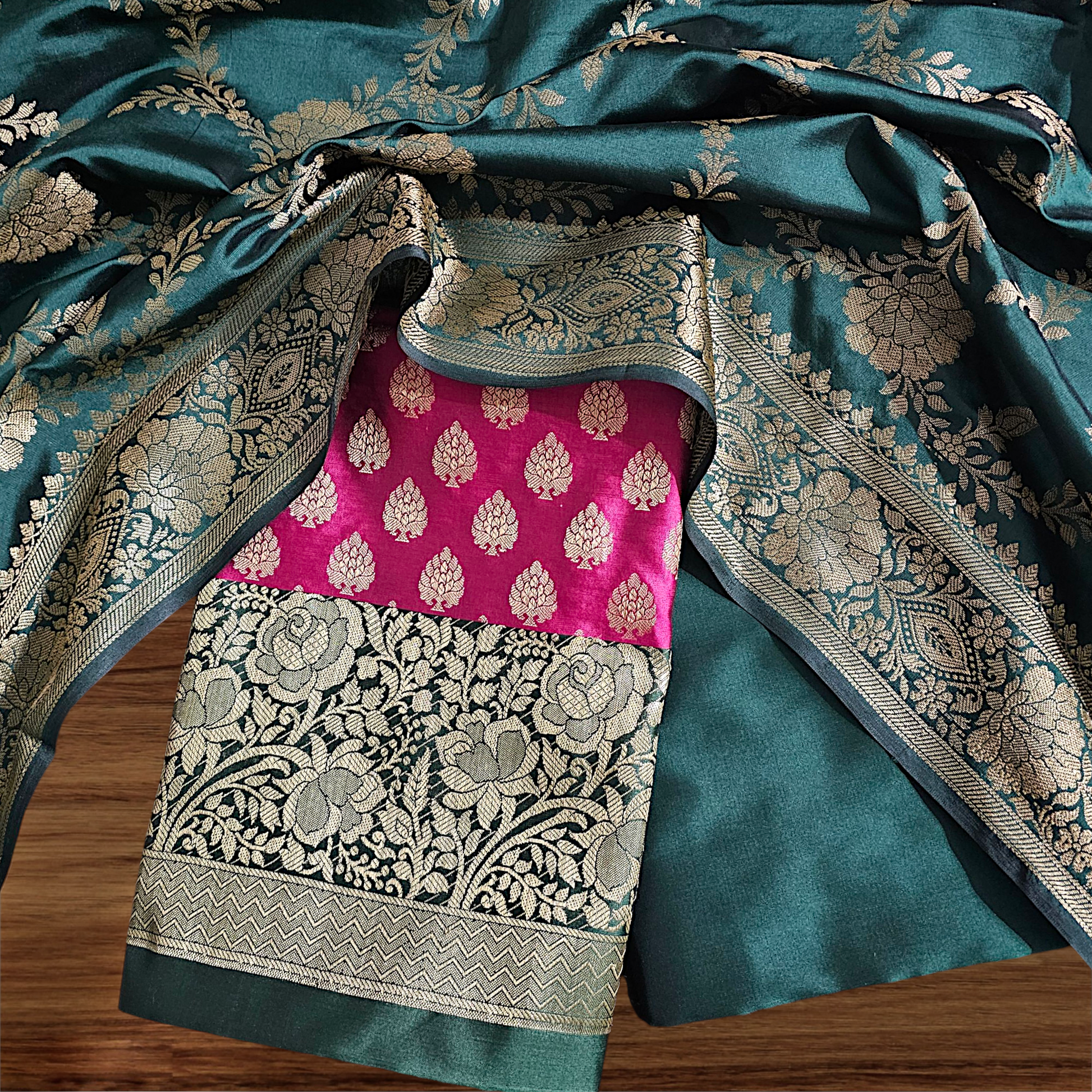 Bottle Green & Rani Pink Banarsi Satin Silk Suit