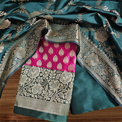 Bottle Green & Rani Pink Banarsi Satin Silk Suit