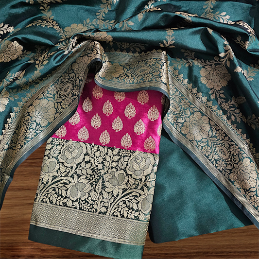 Bottle Green & Rani Pink Banarsi Satin Silk Suit
