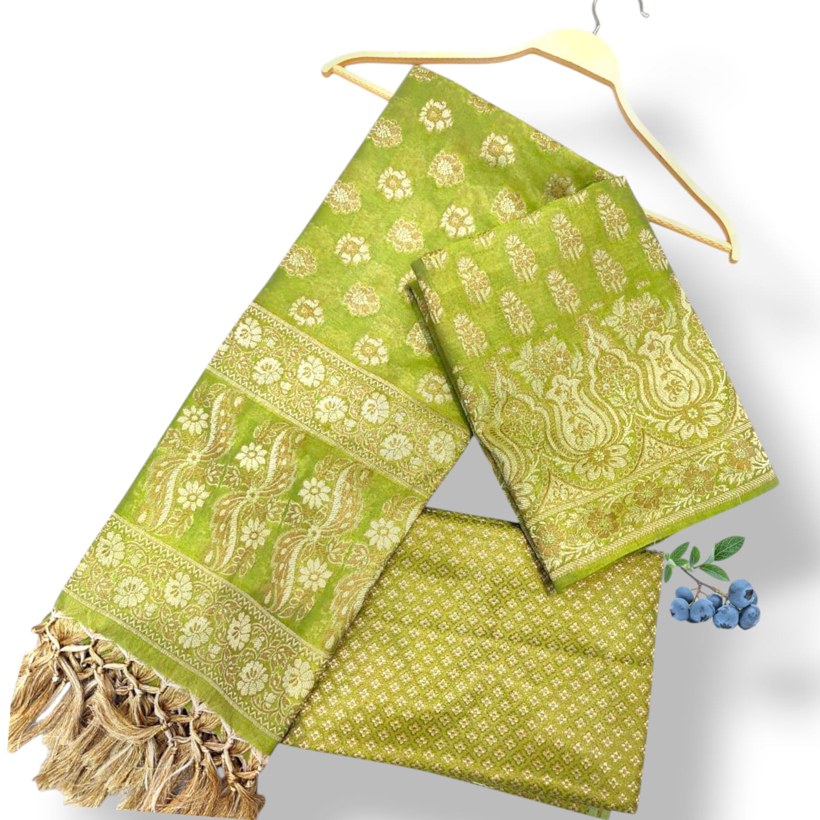 "Sea green Banarasi silk suit with delicate handwoven floral motifs and contrast dupatta"