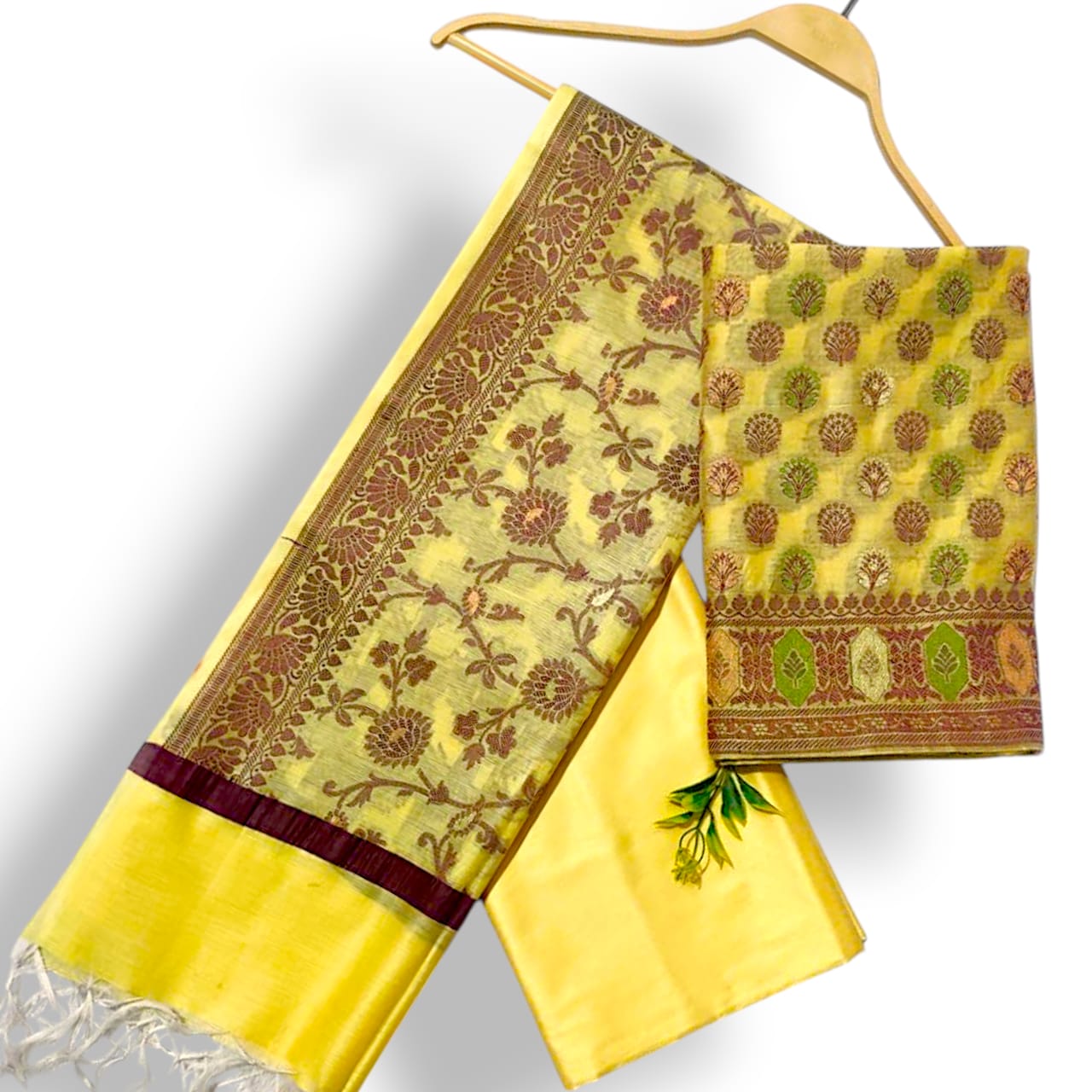 "Yellow Chanderi silk Banarasi suit with intricate zari embroidery and elegant dupatta