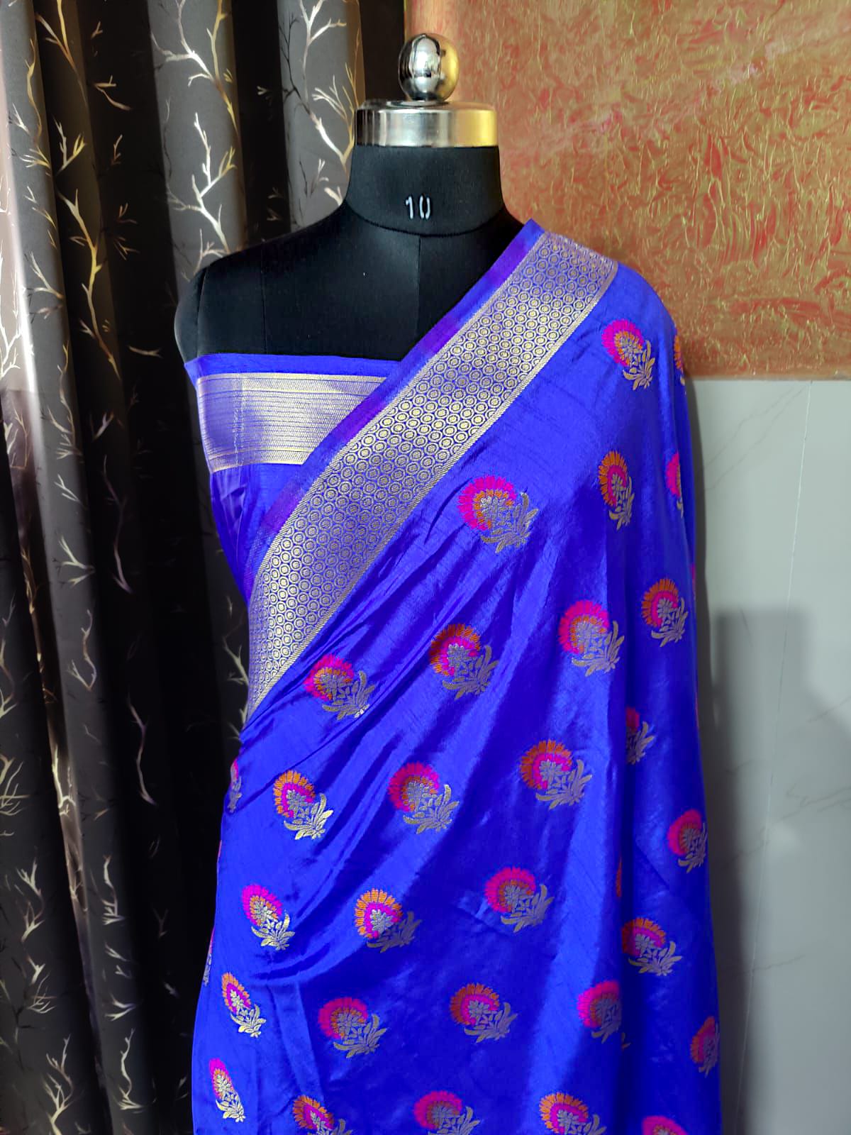 Royal blue silk Dupion saree with heavy zari border