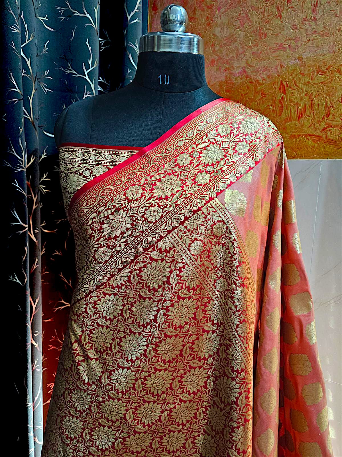 Designer red contrast silk Katan saree with antique gold embroidery for weddings and festive occasions"