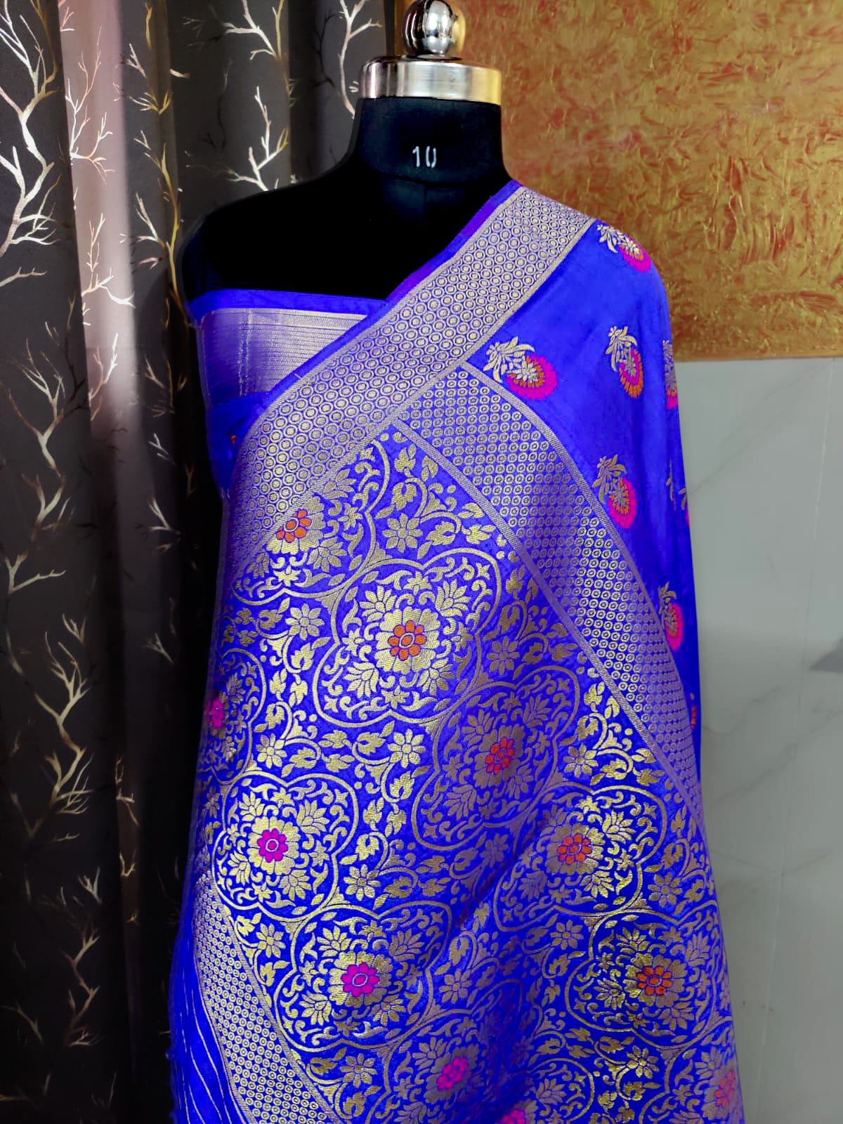 "Luxury royal blue Dupion silk saree featuring intricate handwoven motifs for weddings and festive occasions"