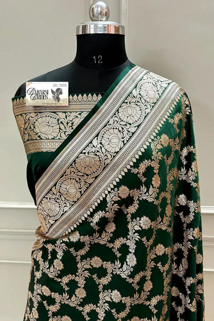 Bottle Green Jaal Katan Silk Banarasi Saree