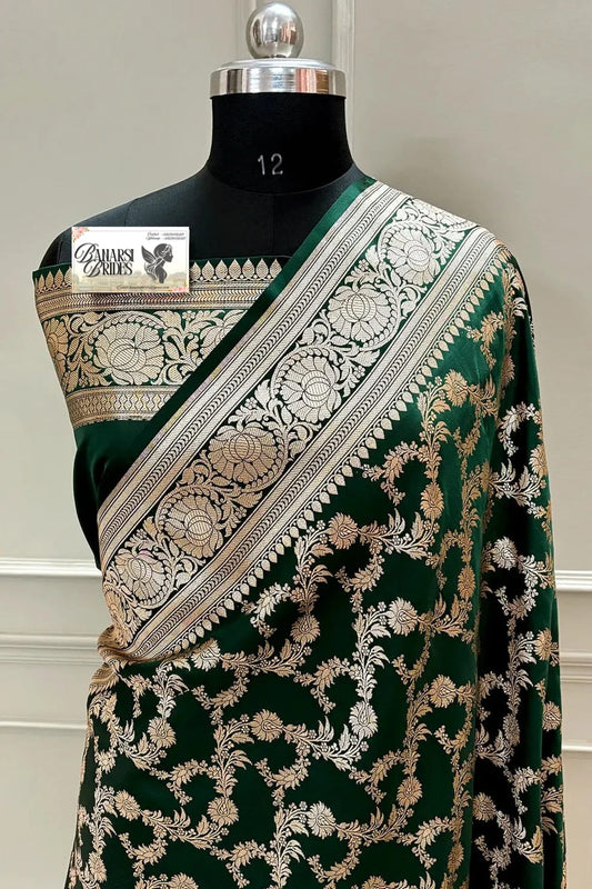 Bottle Green Jaal Katan Silk Banarasi Saree